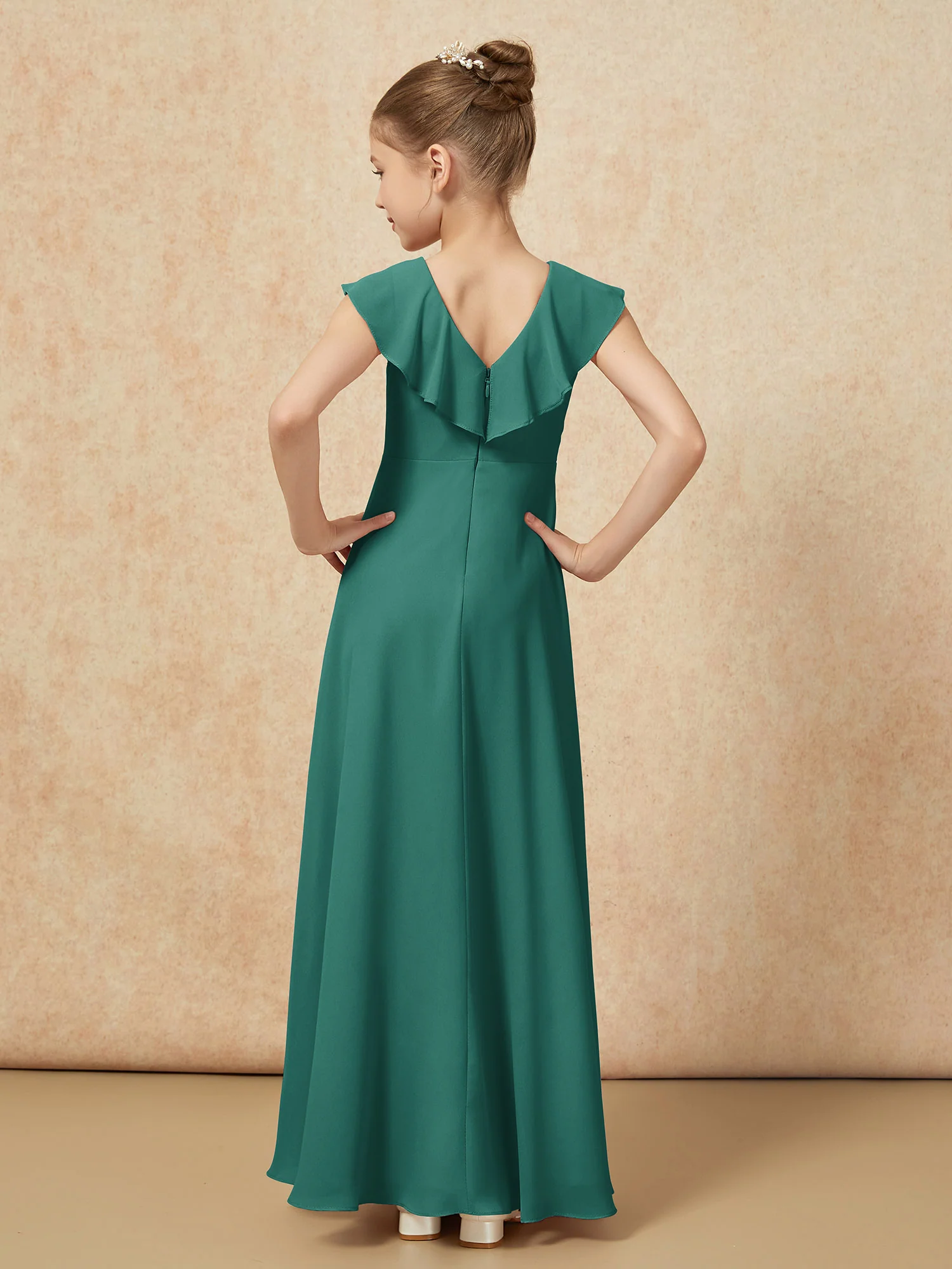 V-neck Ruffle Chiffon Junior Bridesmaid Dresses With Slit Peacock - Image 2