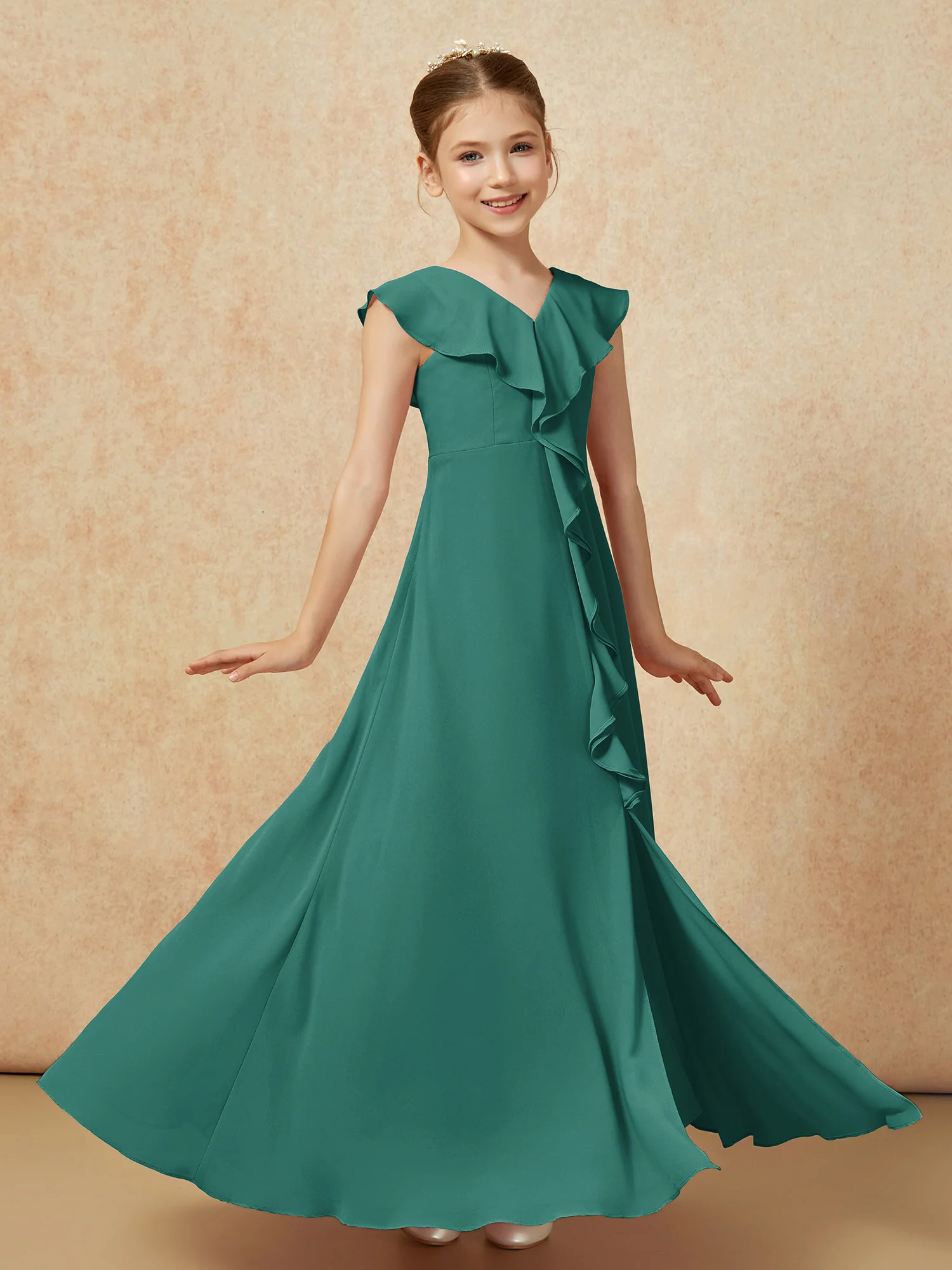 V-neck Ruffle Chiffon Junior Bridesmaid Dresses With Slit Peacock - Image 3