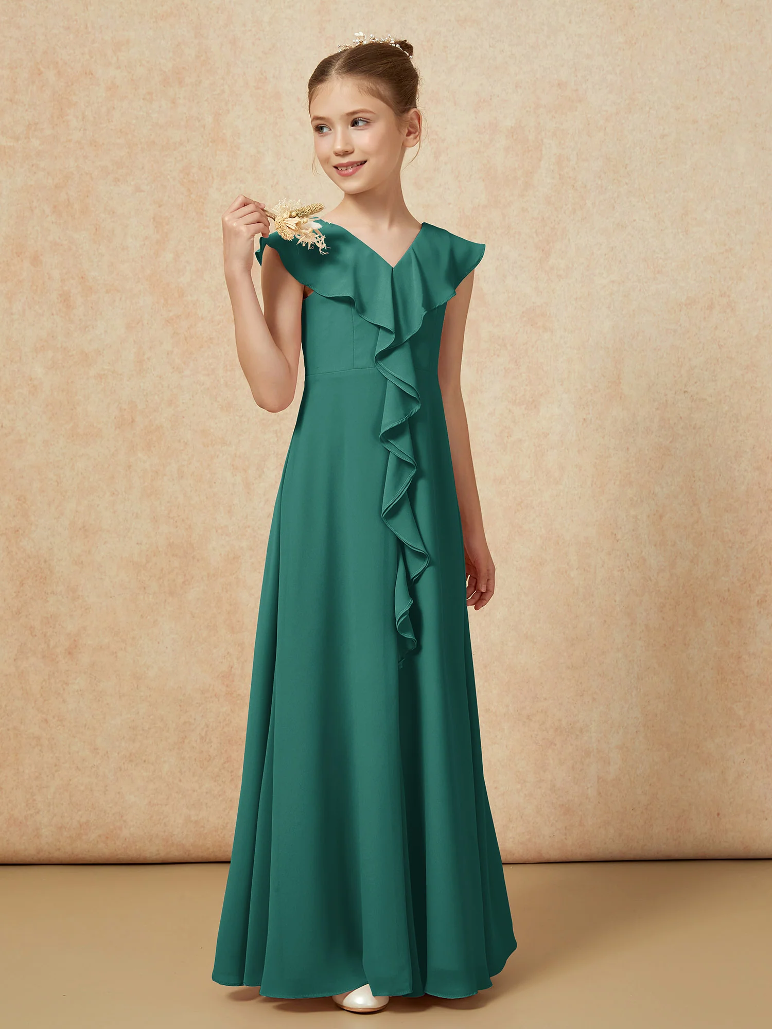 V-neck Ruffle Chiffon Junior Bridesmaid Dresses With Slit Peacock - Image 4