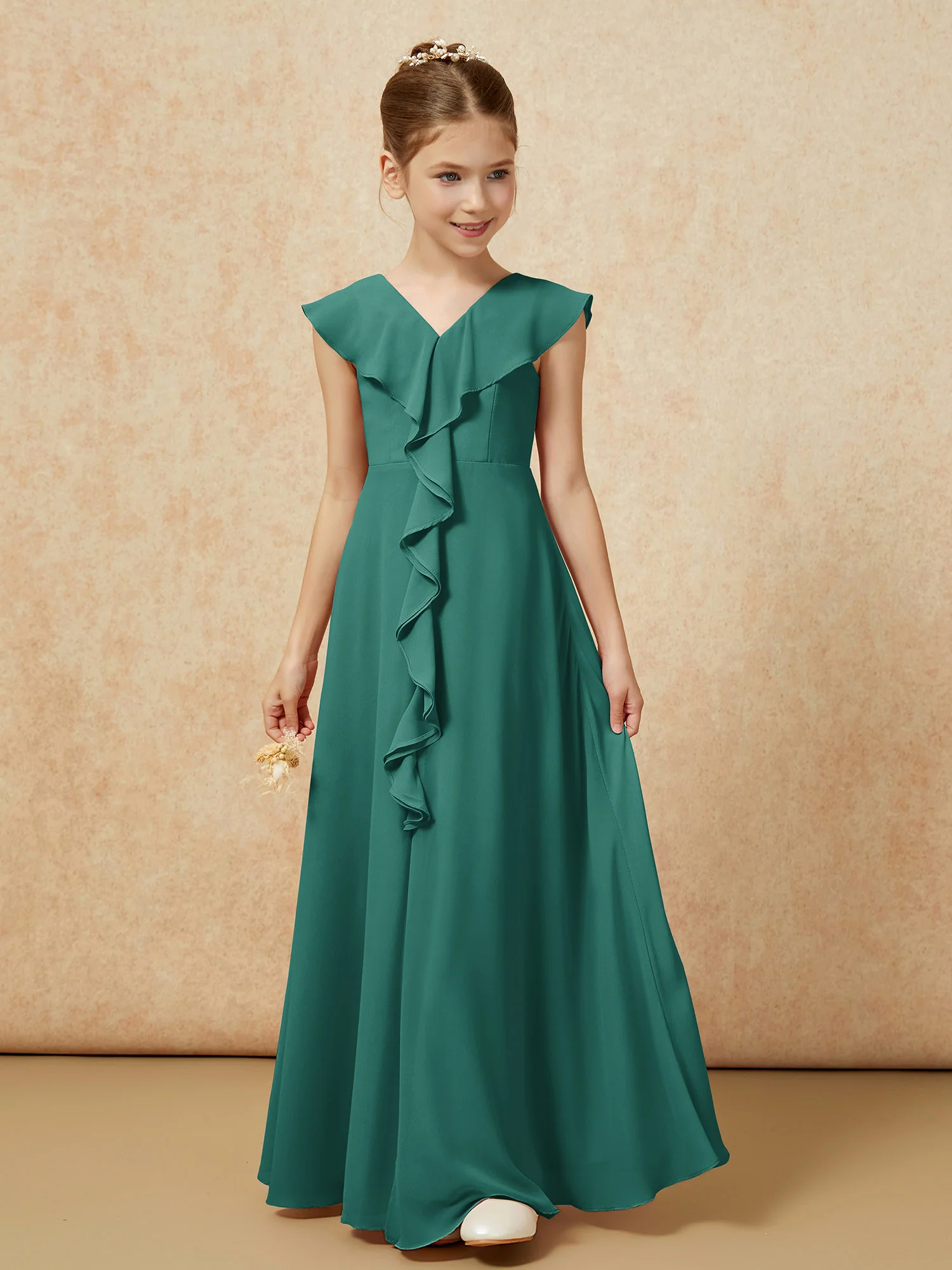 V-neck Ruffle Chiffon Junior Bridesmaid Dresses With Slit Peacock - Image 5