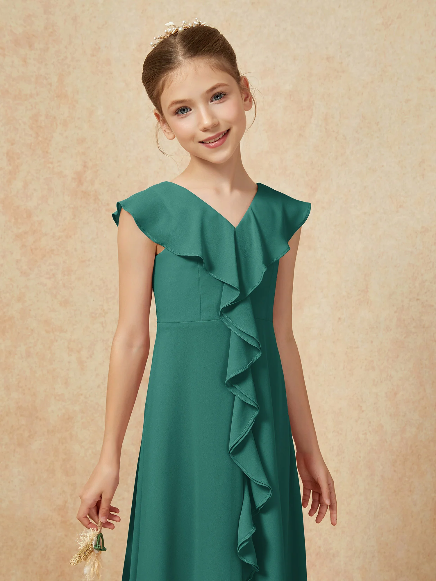 V-neck Ruffle Chiffon Junior Bridesmaid Dresses With Slit Peacock - Image 6