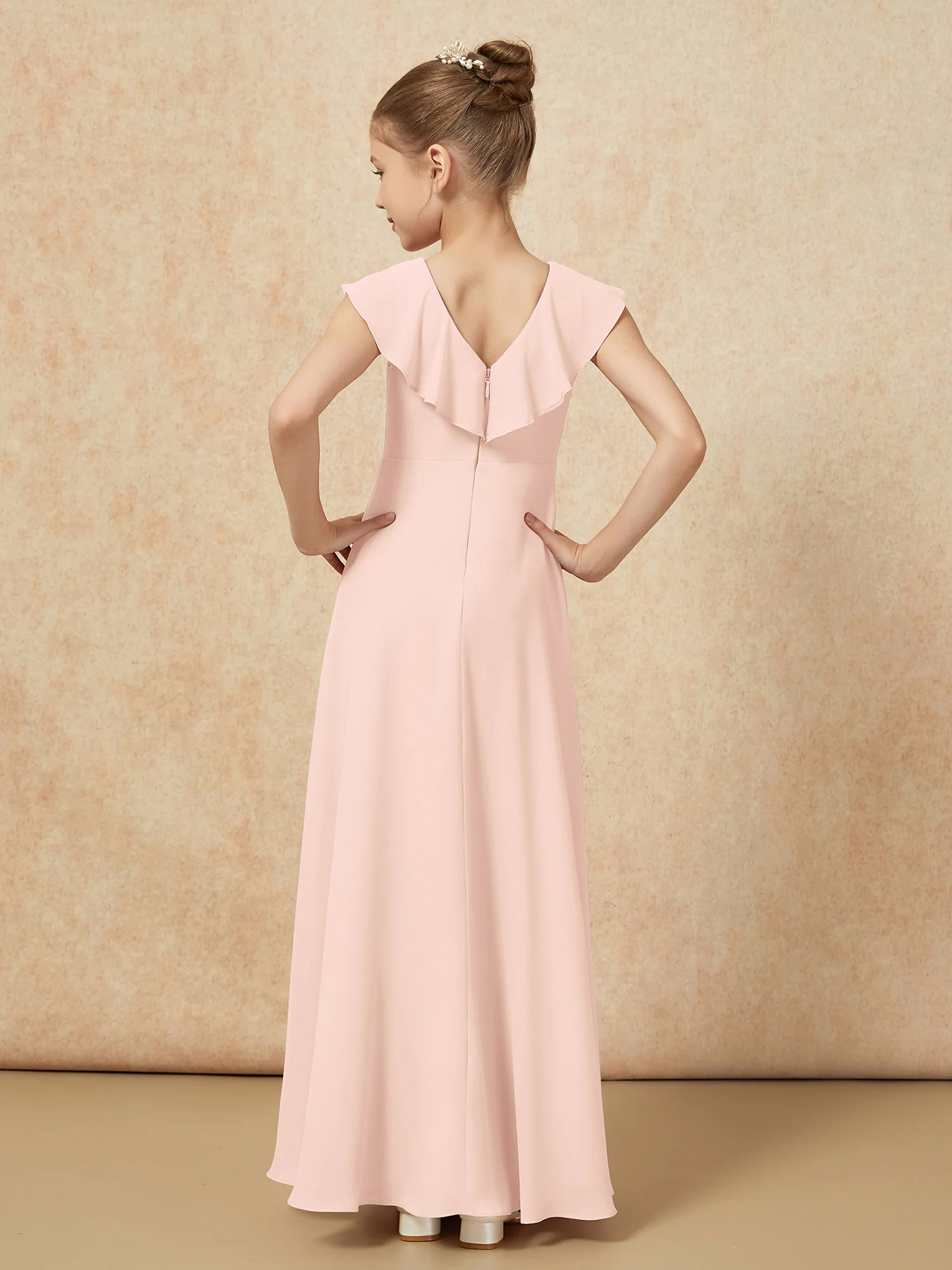 V-neck Ruffle Chiffon Junior Bridesmaid Dresses With Slit Pearl Pink - Image 2