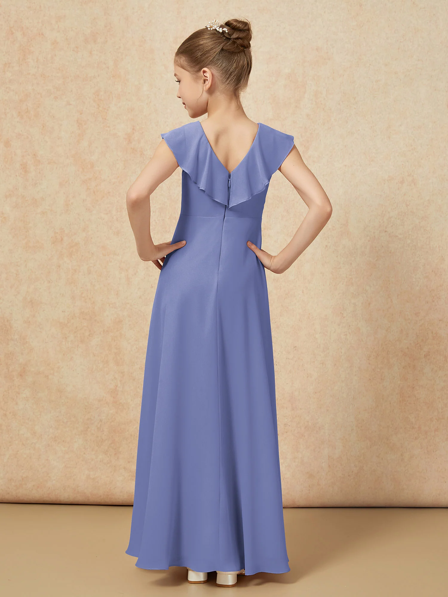 V-neck Ruffle Chiffon Junior Bridesmaid Dresses With Slit Periwinkle - Image 2