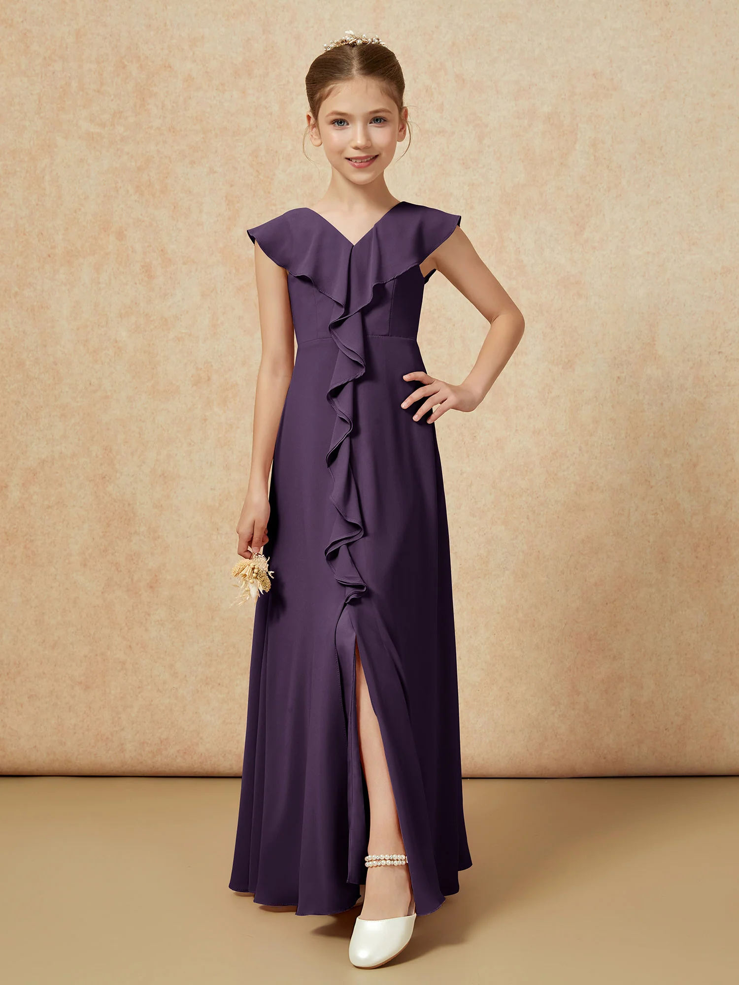 V-neck Ruffle Chiffon Junior Bridesmaid Dresses With Slit Plum