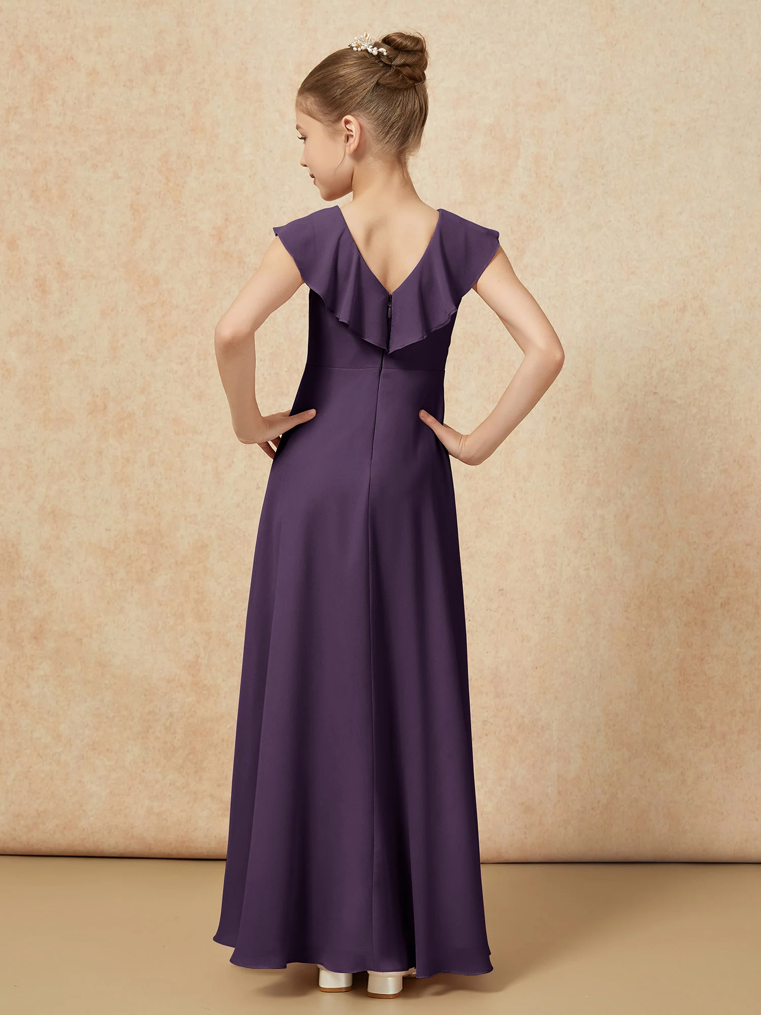 V-neck Ruffle Chiffon Junior Bridesmaid Dresses With Slit Plum - Image 2