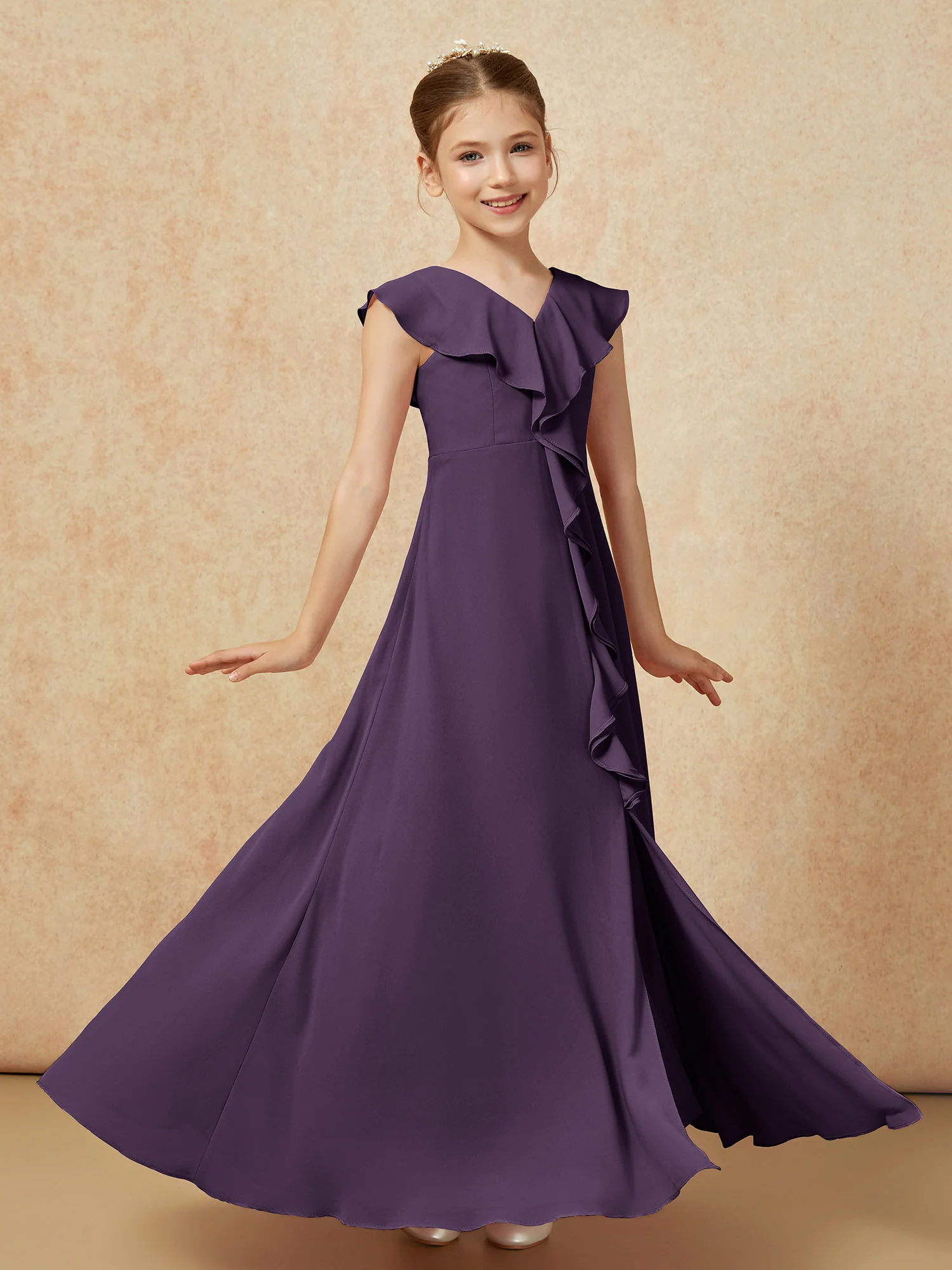V-neck Ruffle Chiffon Junior Bridesmaid Dresses With Slit Plum - Image 3