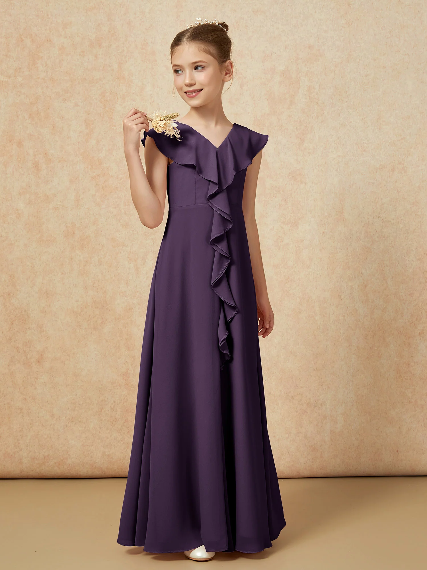 V-neck Ruffle Chiffon Junior Bridesmaid Dresses With Slit Plum - Image 4