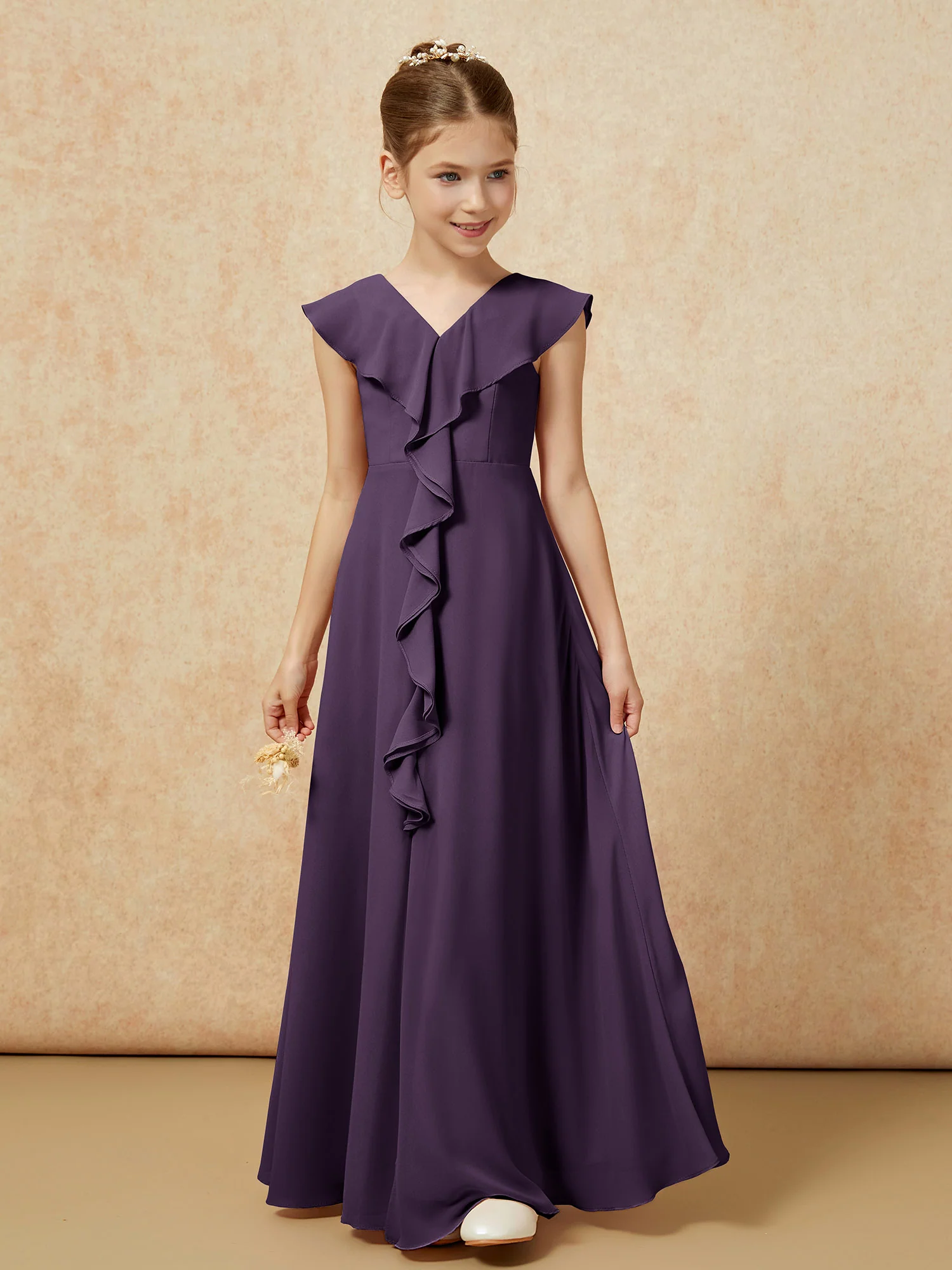 V-neck Ruffle Chiffon Junior Bridesmaid Dresses With Slit Plum - Image 5