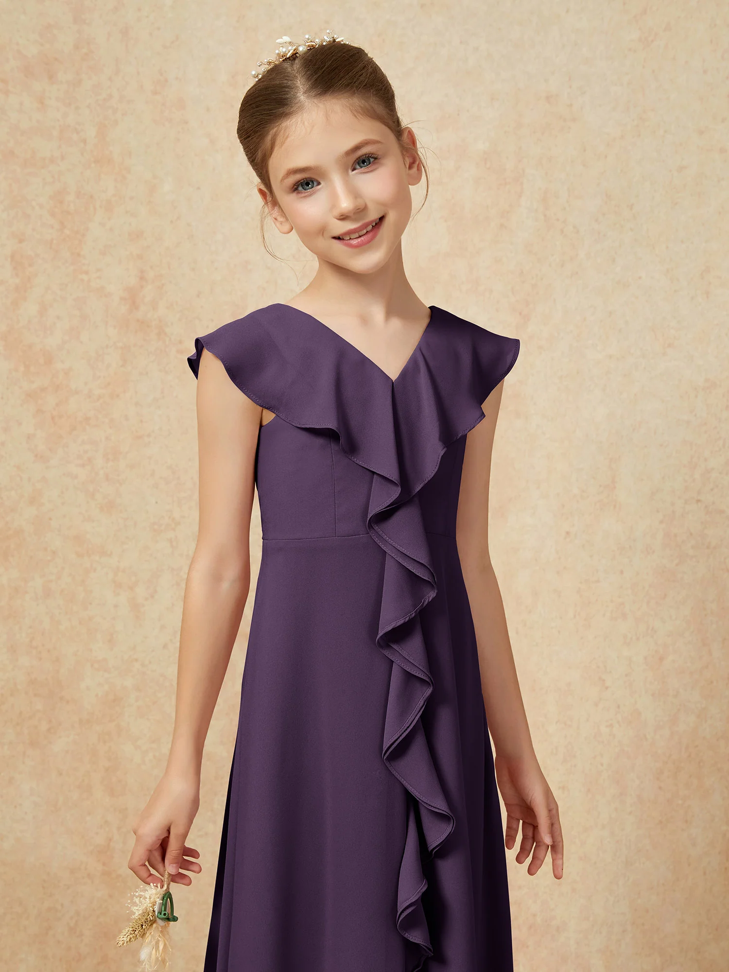V-neck Ruffle Chiffon Junior Bridesmaid Dresses With Slit Plum - Image 6