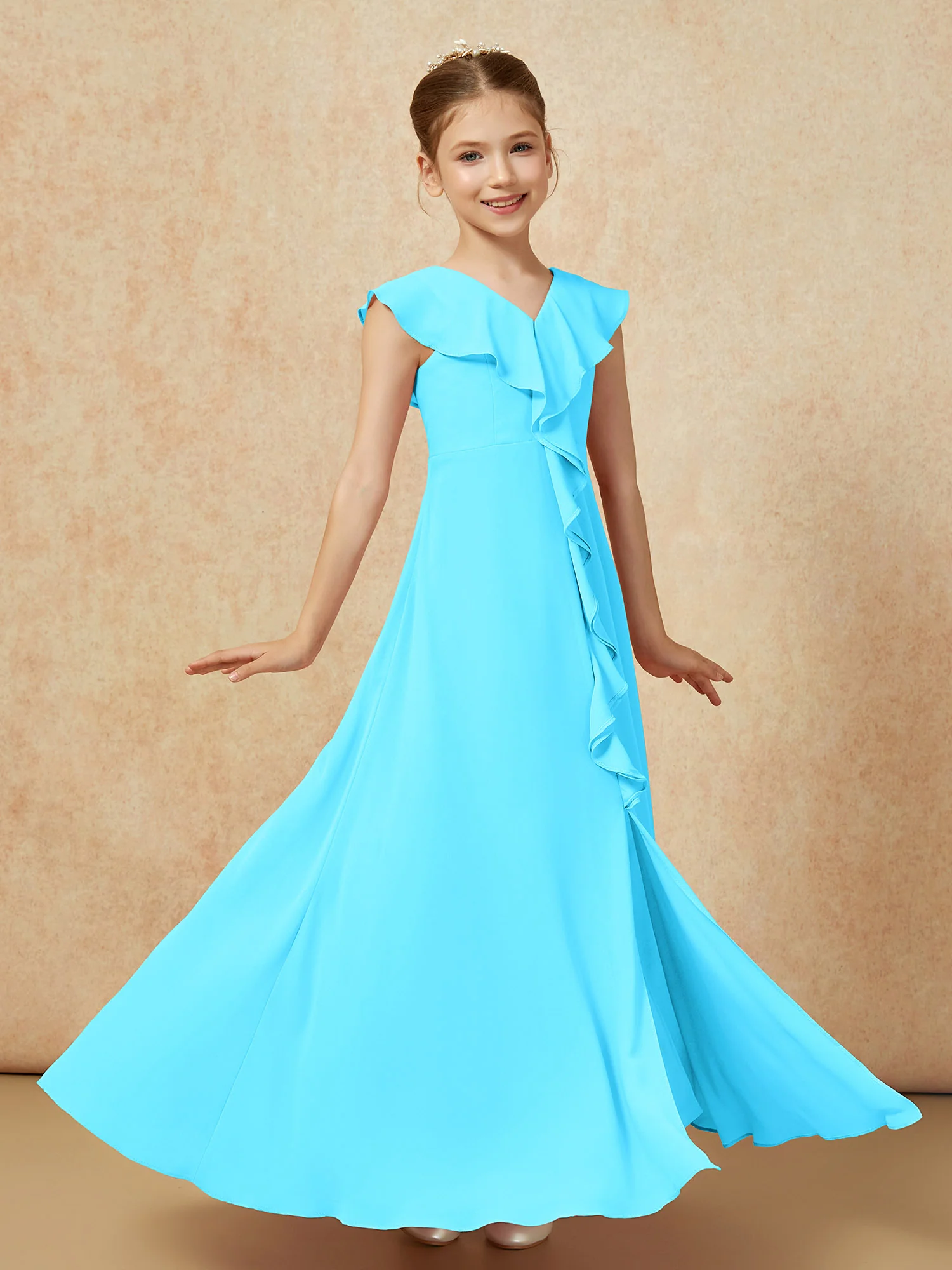 V-neck Ruffle Chiffon Junior Bridesmaid Dresses With Slit Pool - Image 3