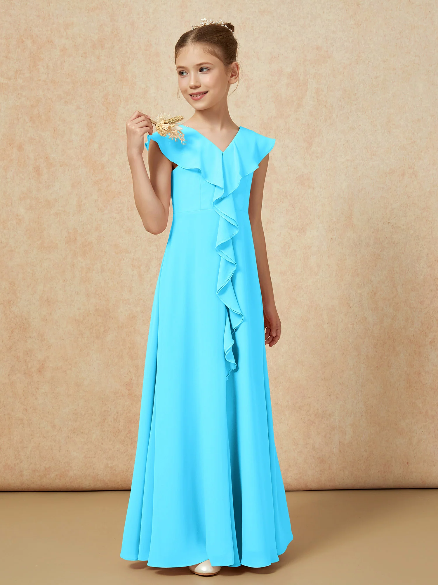 V-neck Ruffle Chiffon Junior Bridesmaid Dresses With Slit Pool - Image 4