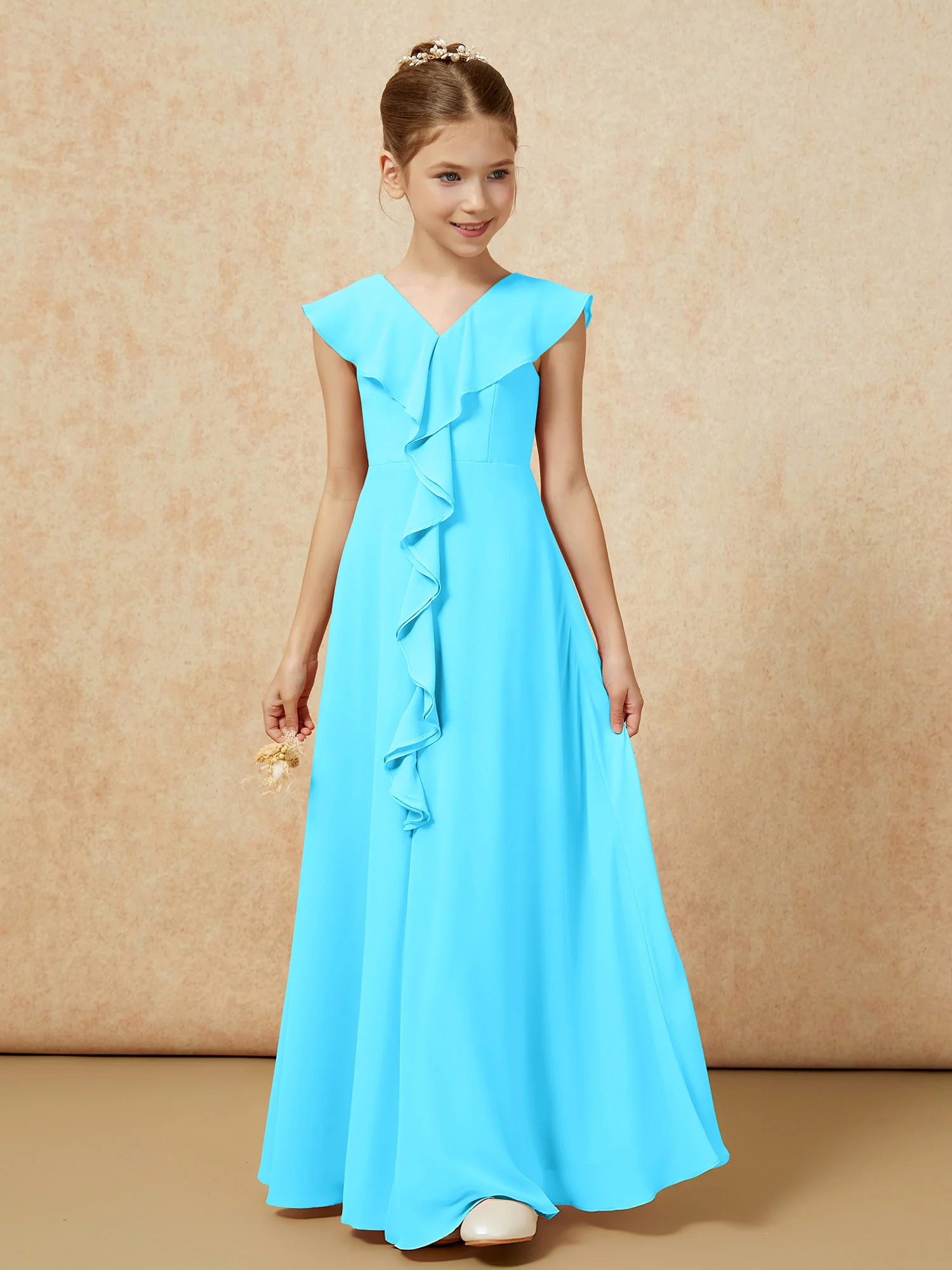 V-neck Ruffle Chiffon Junior Bridesmaid Dresses With Slit Pool - Image 5