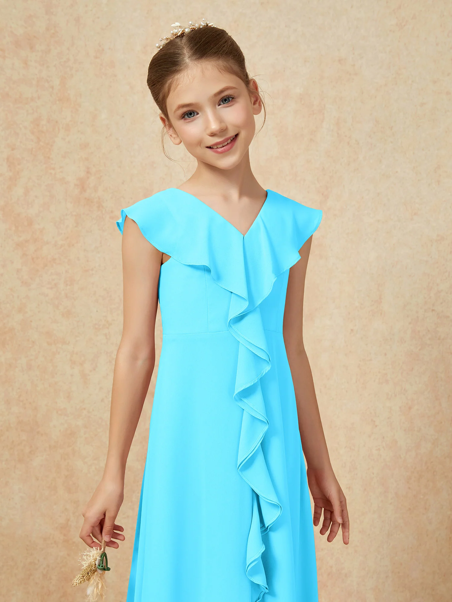 V-neck Ruffle Chiffon Junior Bridesmaid Dresses With Slit Pool - Image 6