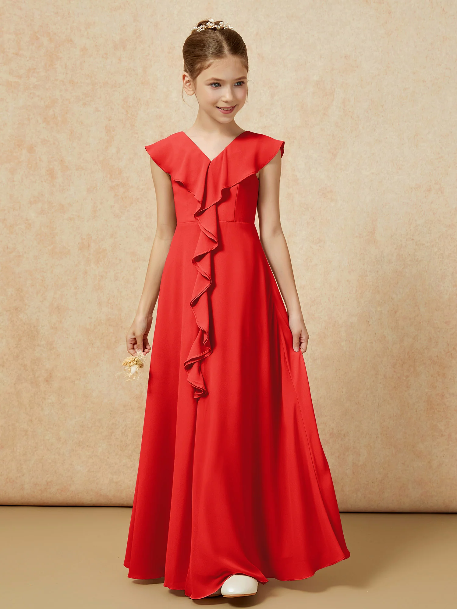 V-neck Ruffle Chiffon Junior Bridesmaid Dresses With Slit Red - Image 5