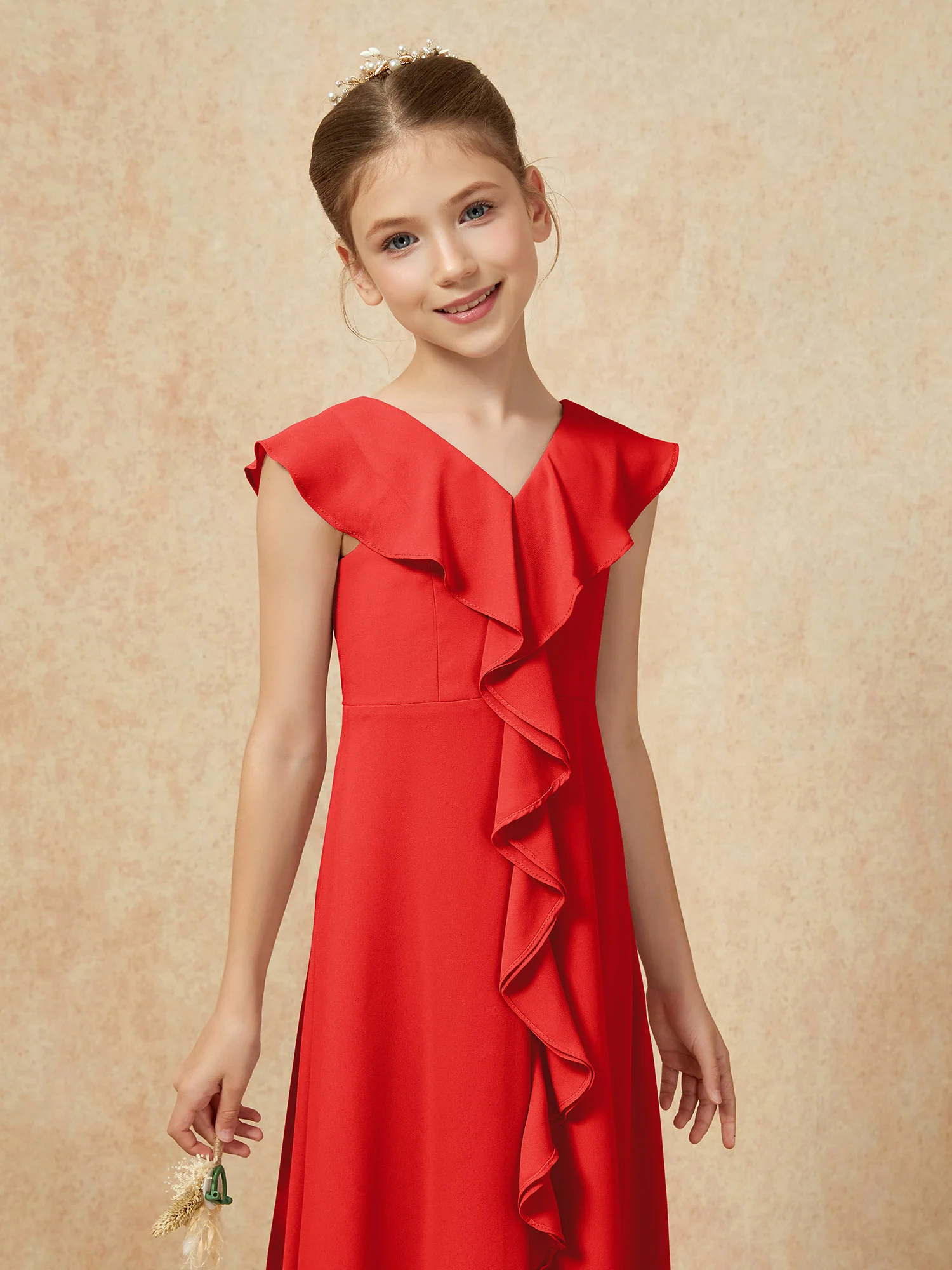 V-neck Ruffle Chiffon Junior Bridesmaid Dresses With Slit Red - Image 6