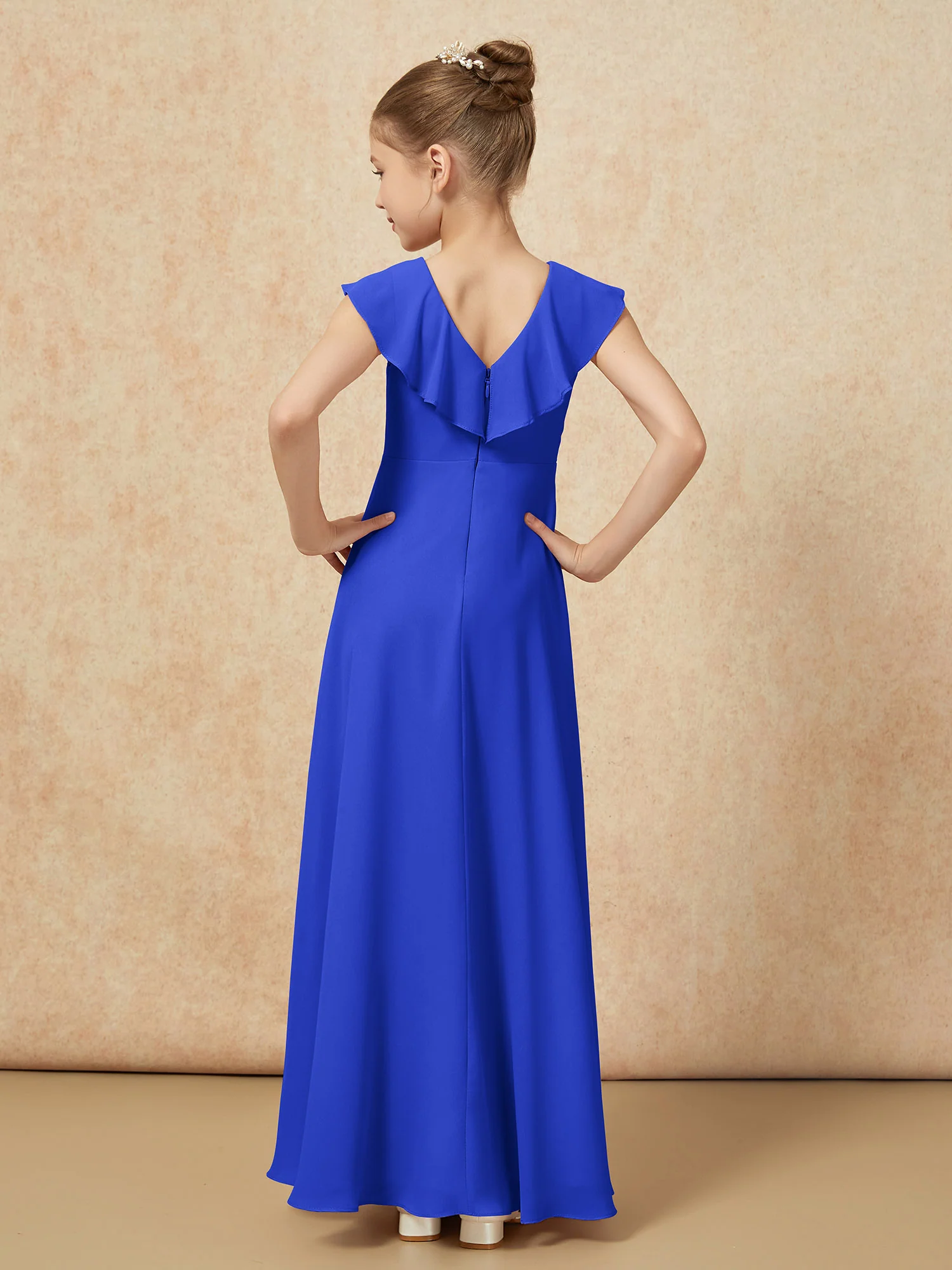 V-neck Ruffle Chiffon Junior Bridesmaid Dresses With Slit Royal Blue - Image 2