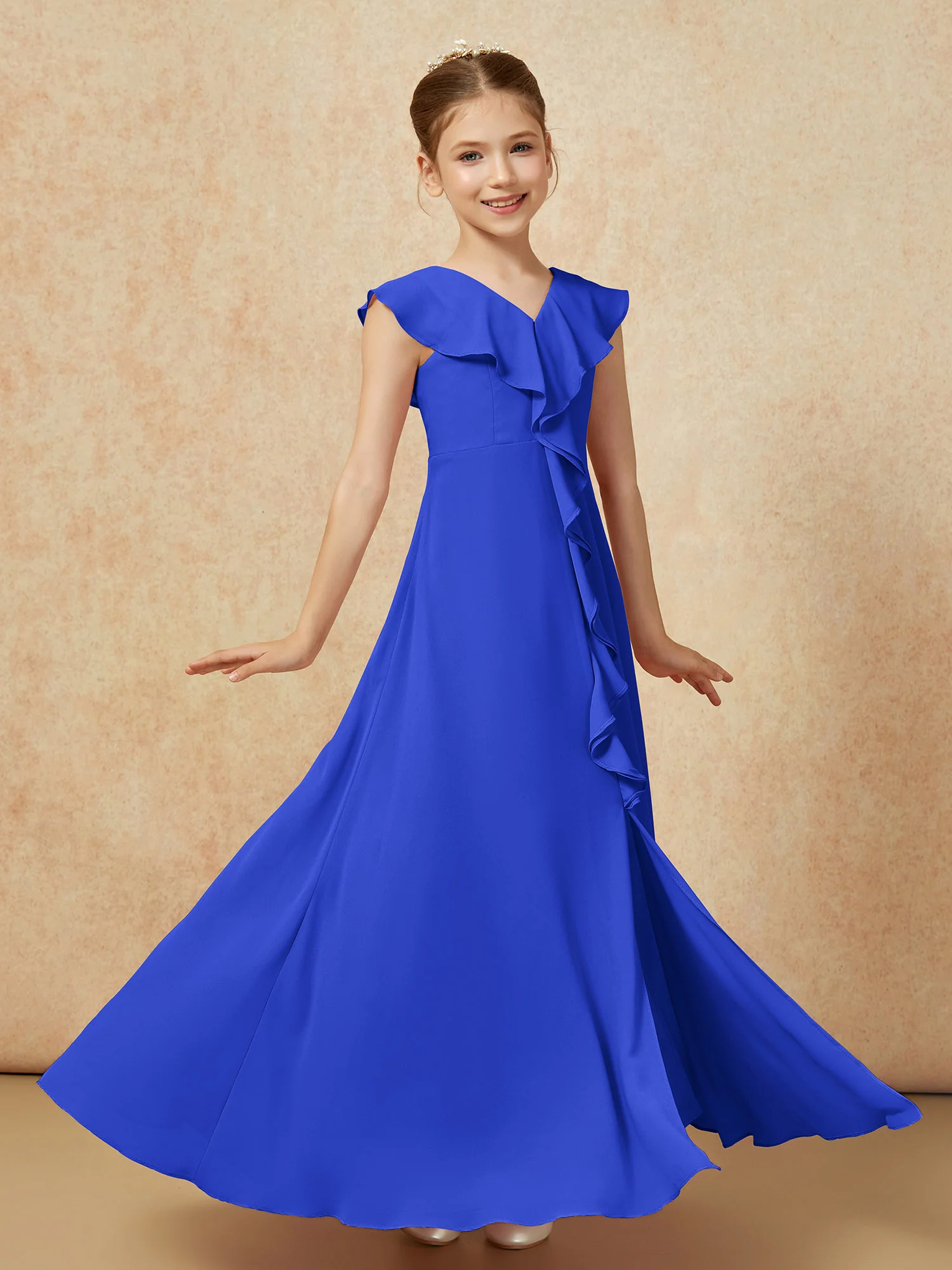 V-neck Ruffle Chiffon Junior Bridesmaid Dresses With Slit Royal Blue - Image 3