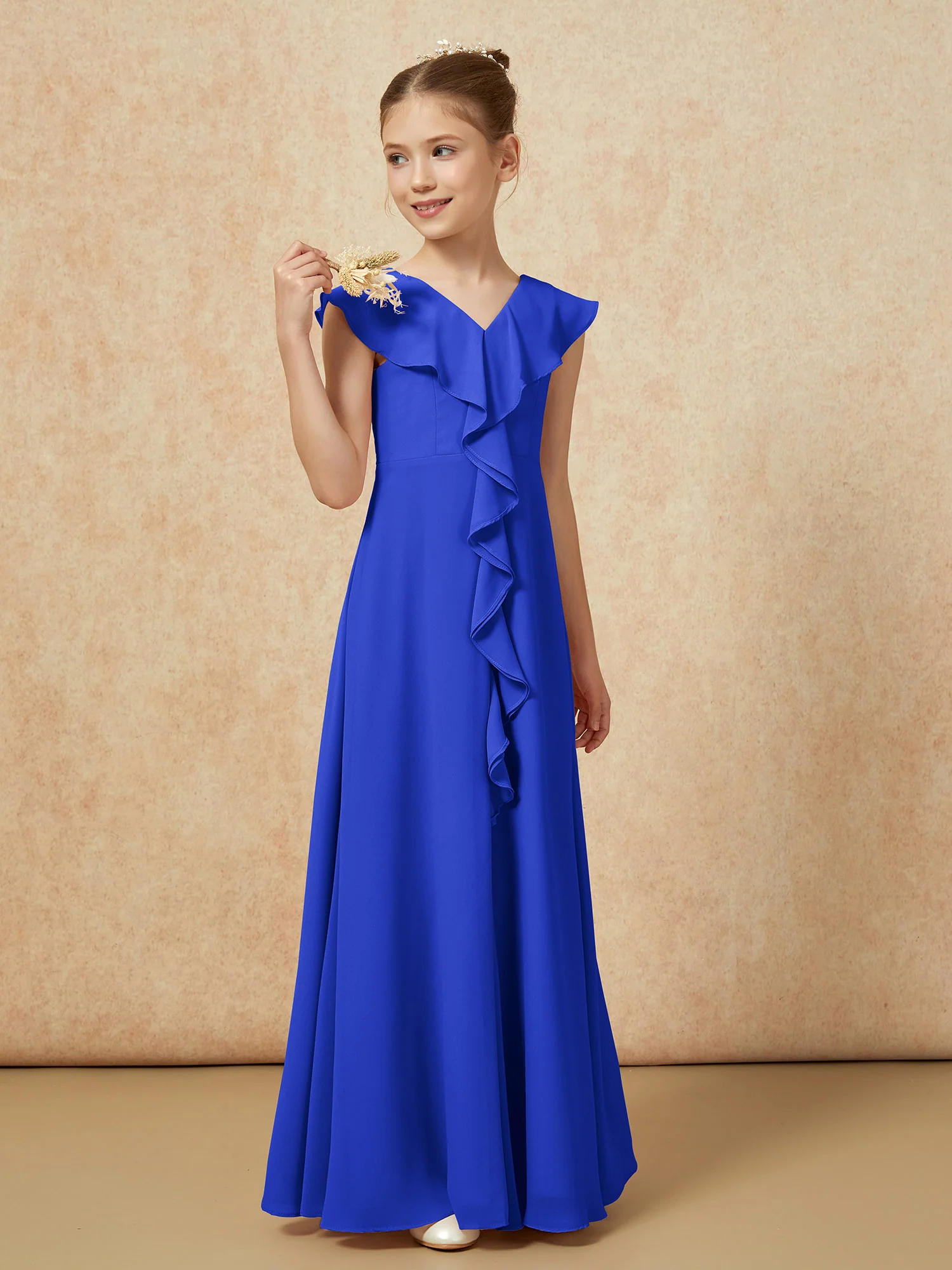 V-neck Ruffle Chiffon Junior Bridesmaid Dresses With Slit Royal Blue - Image 4