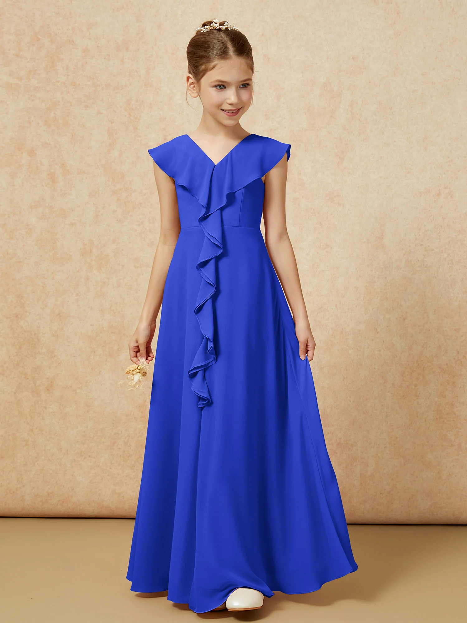 V-neck Ruffle Chiffon Junior Bridesmaid Dresses With Slit Royal Blue - Image 5