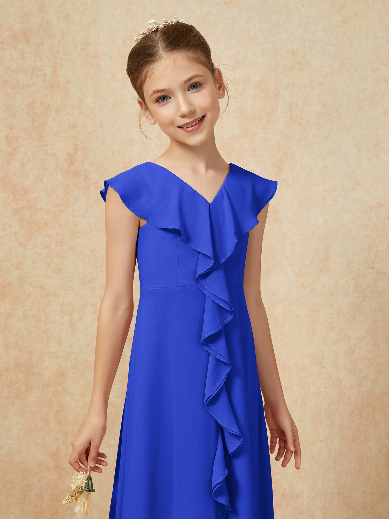 V-neck Ruffle Chiffon Junior Bridesmaid Dresses With Slit Royal Blue - Image 6