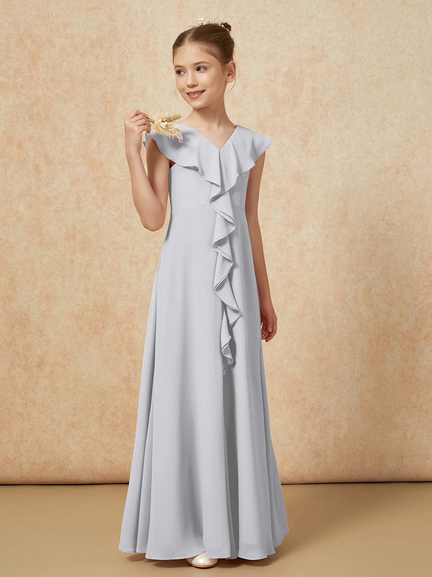 V-neck Ruffle Chiffon Junior Bridesmaid Dresses With Slit Silver - Image 4