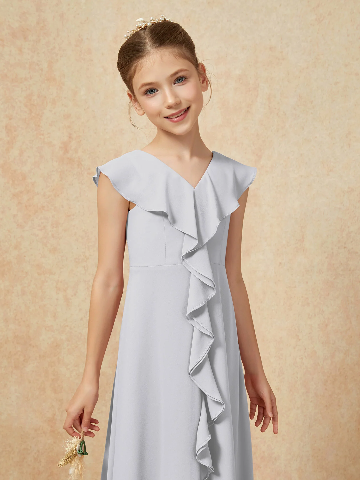 V-neck Ruffle Chiffon Junior Bridesmaid Dresses With Slit Silver - Image 6