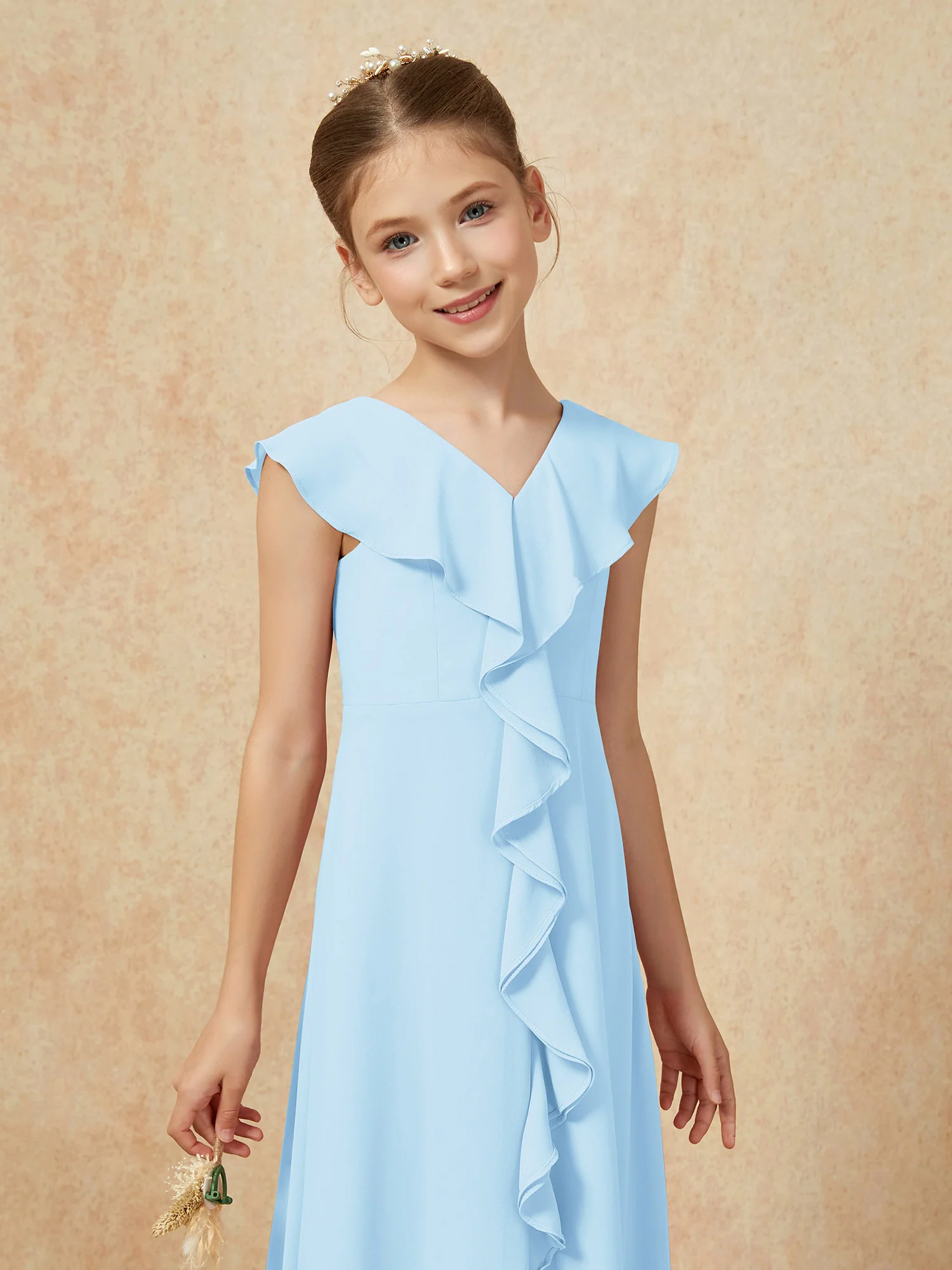 V-neck Ruffle Chiffon Junior Bridesmaid Dresses With Slit Sky Blue - Image 6