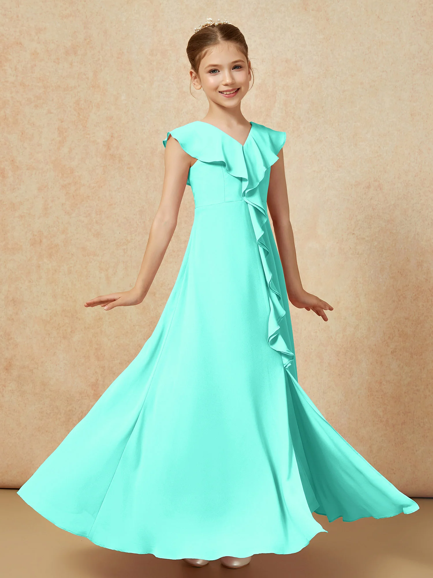 V-neck Ruffle Chiffon Junior Bridesmaid Dresses With Slit Spa - Image 3
