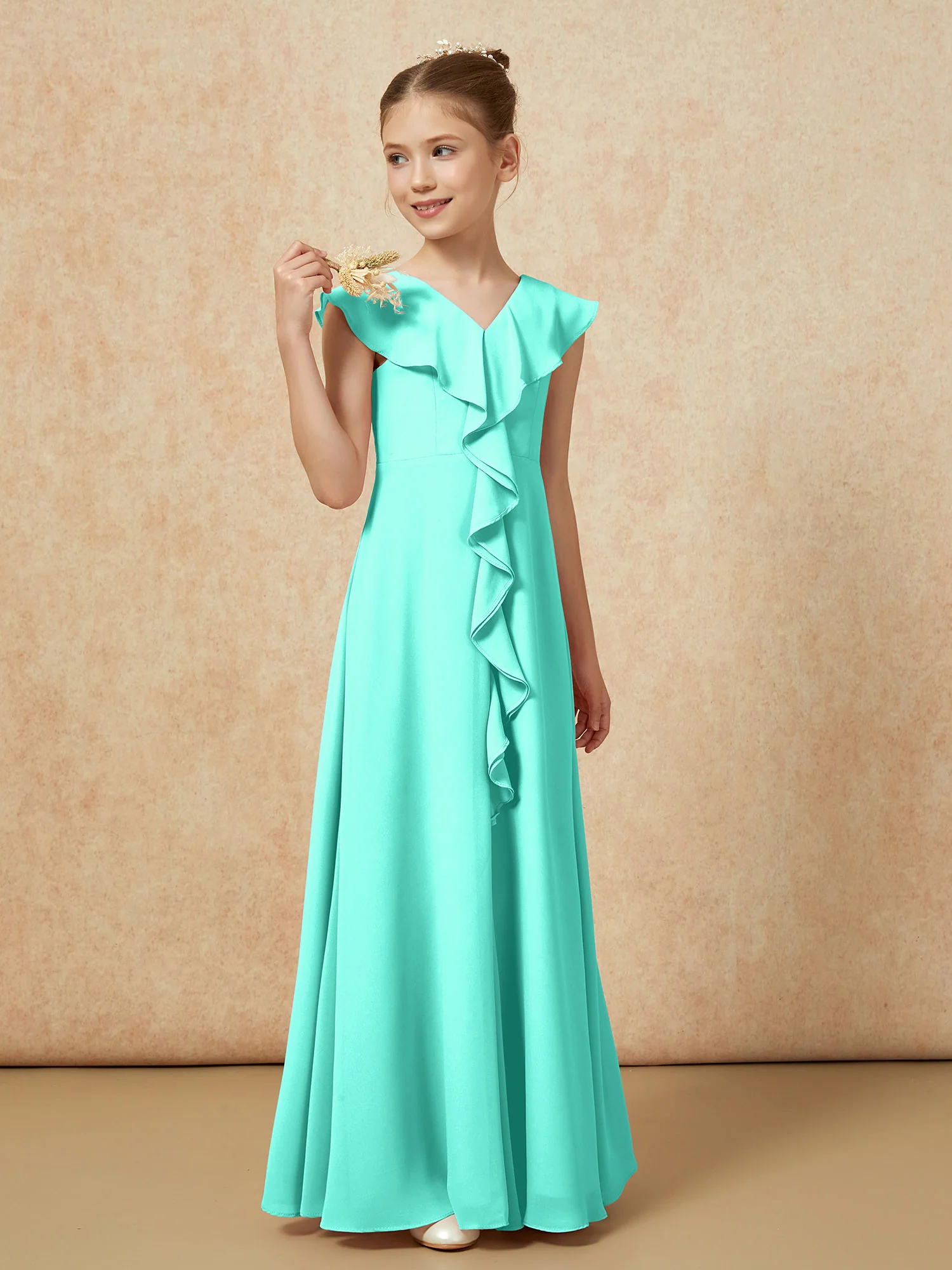 V-neck Ruffle Chiffon Junior Bridesmaid Dresses With Slit Spa - Image 4