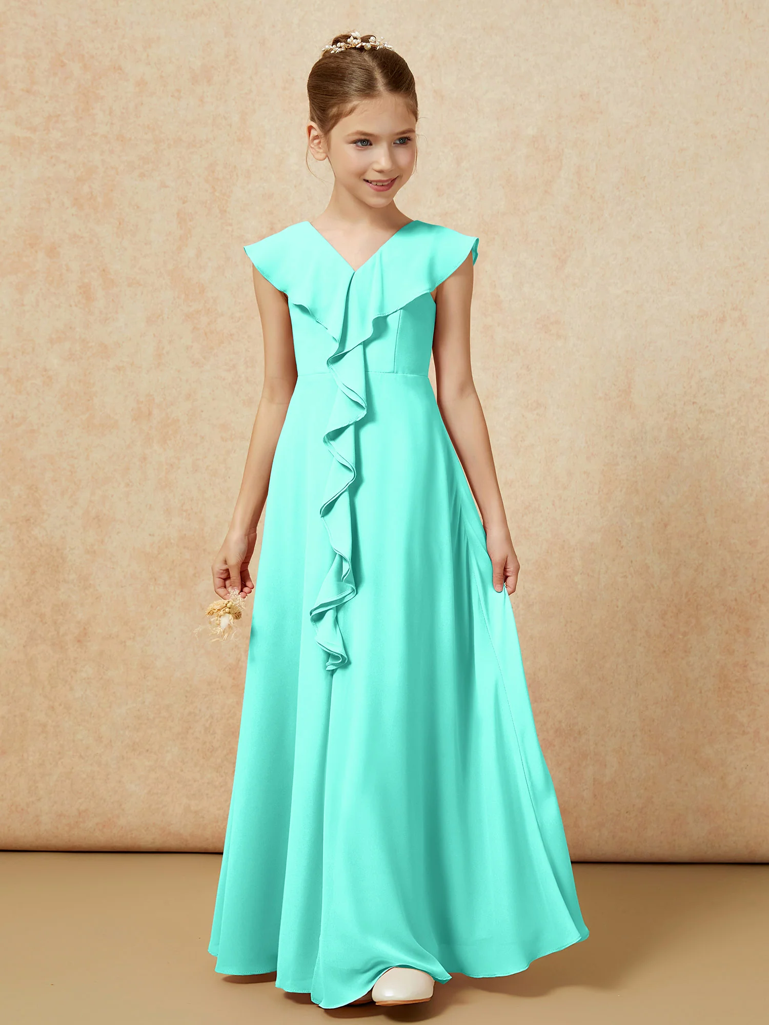 V-neck Ruffle Chiffon Junior Bridesmaid Dresses With Slit Spa - Image 5