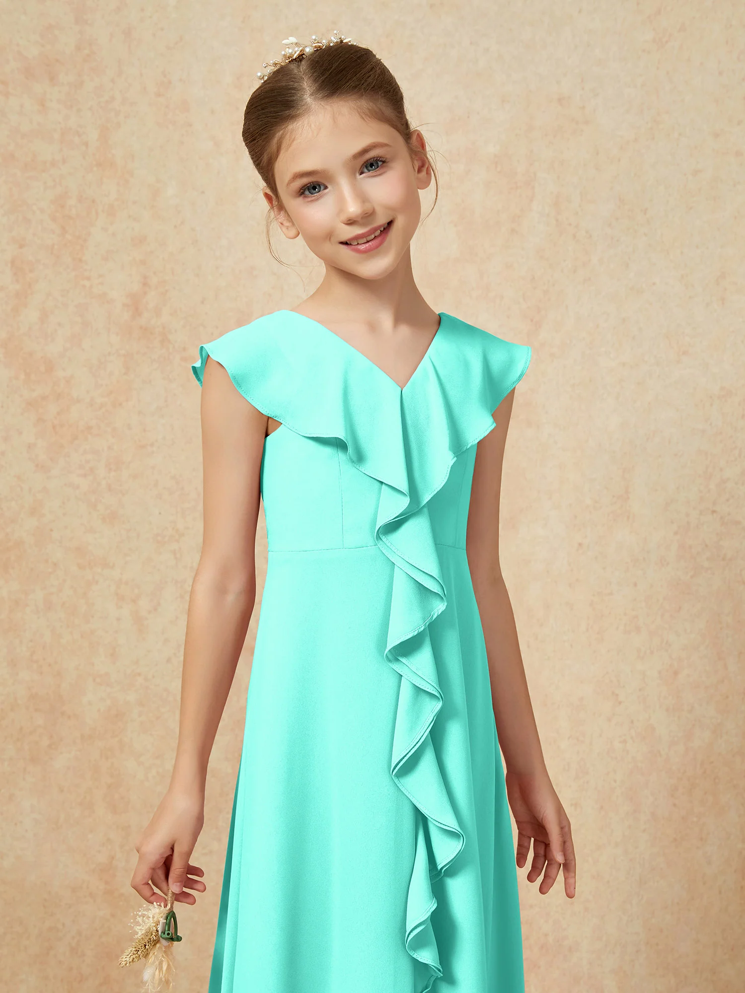 V-neck Ruffle Chiffon Junior Bridesmaid Dresses With Slit Spa - Image 6