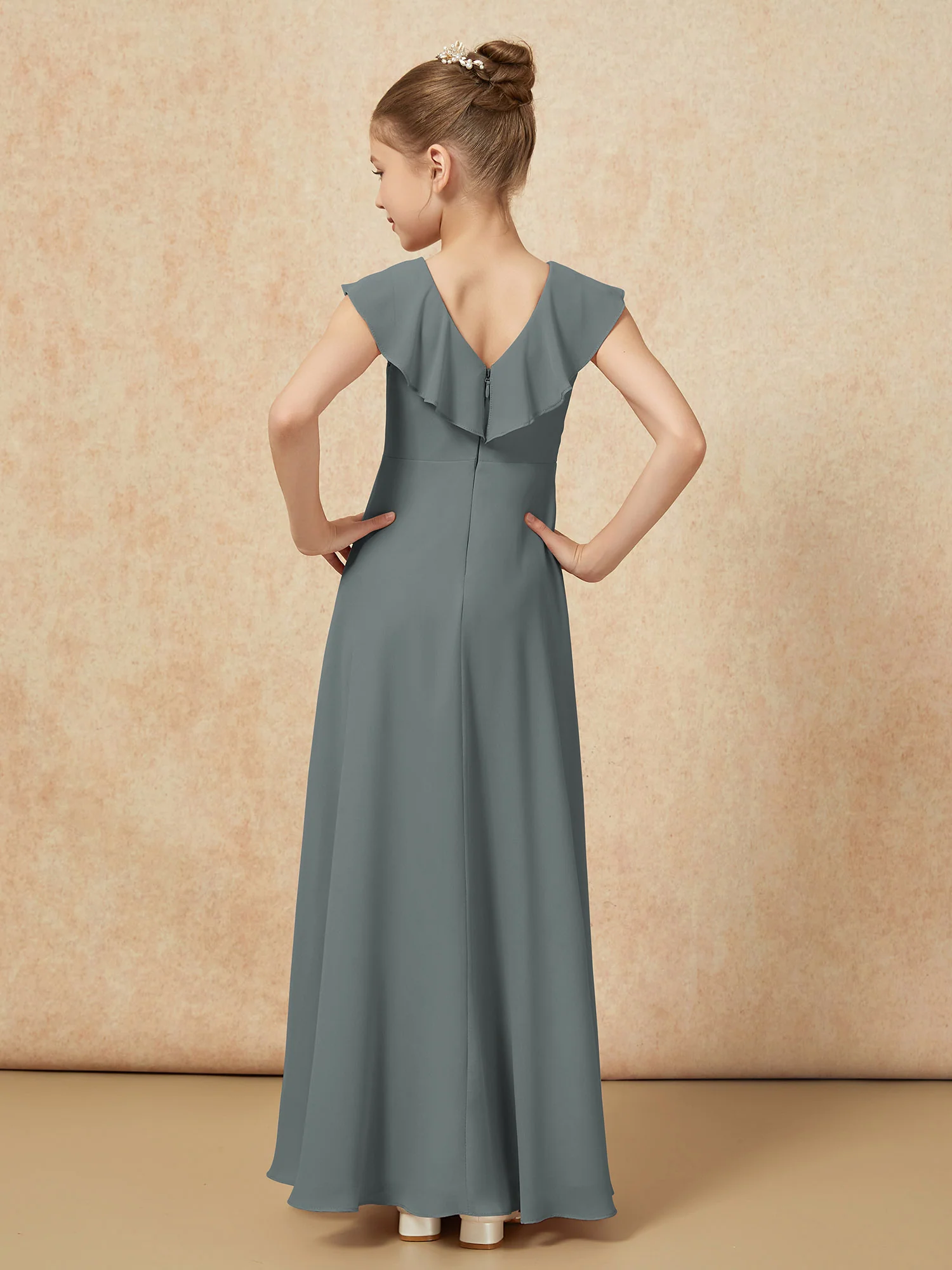 V-neck Ruffle Chiffon Junior Bridesmaid Dresses With Slit Steel Grey - Image 2