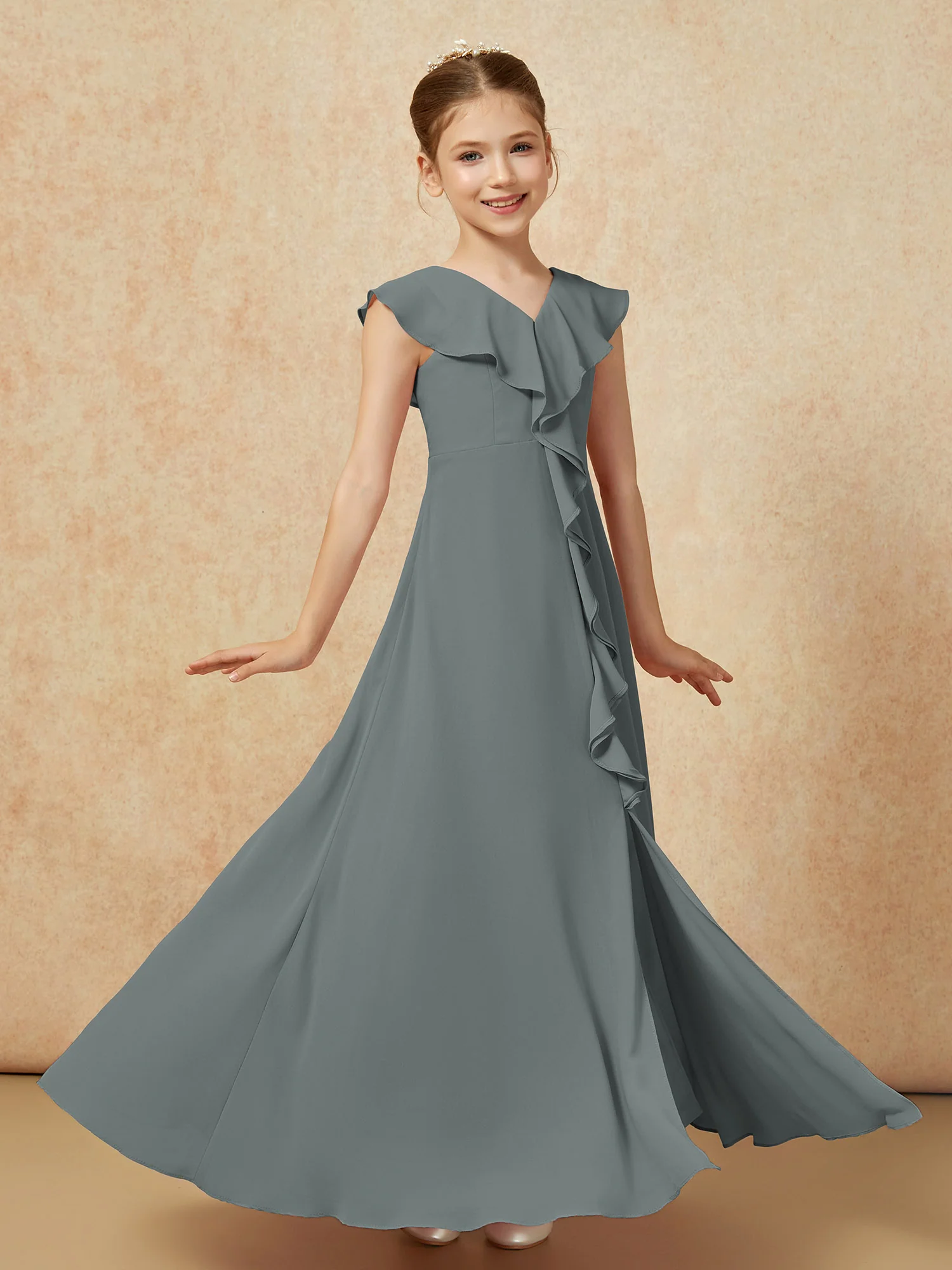 V-neck Ruffle Chiffon Junior Bridesmaid Dresses With Slit Steel Grey - Image 3