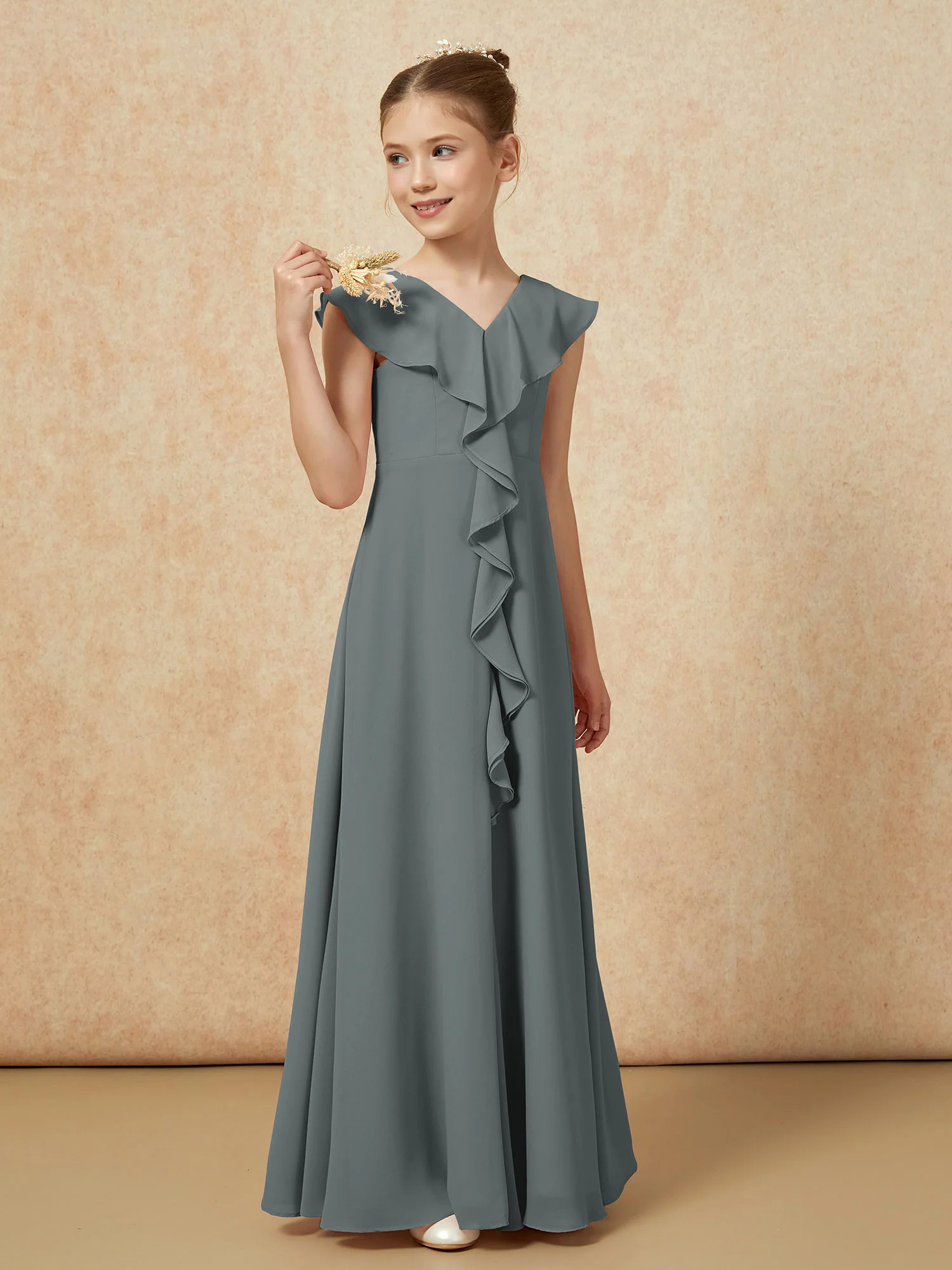 V-neck Ruffle Chiffon Junior Bridesmaid Dresses With Slit Steel Grey - Image 4