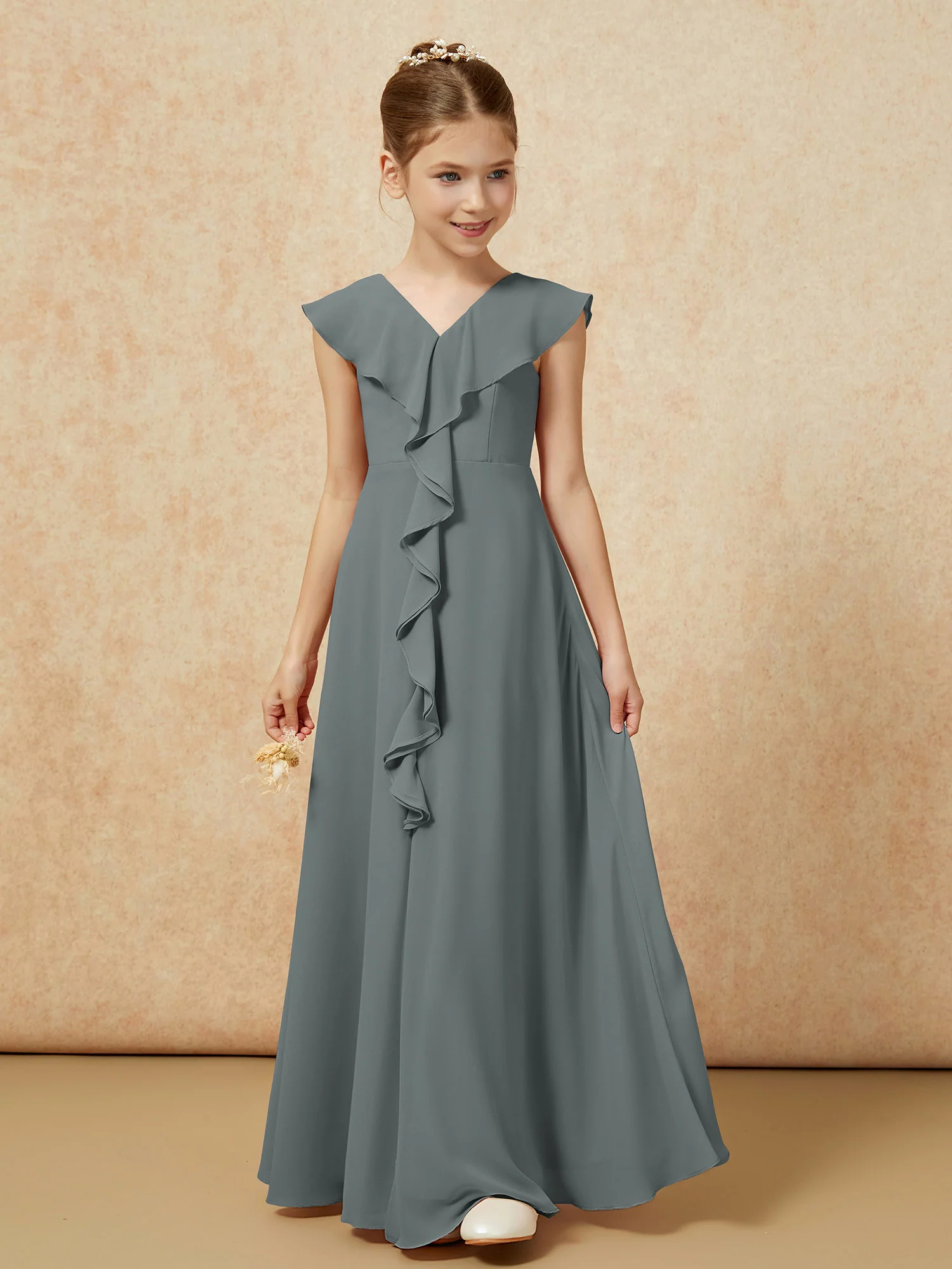 V-neck Ruffle Chiffon Junior Bridesmaid Dresses With Slit Steel Grey - Image 5