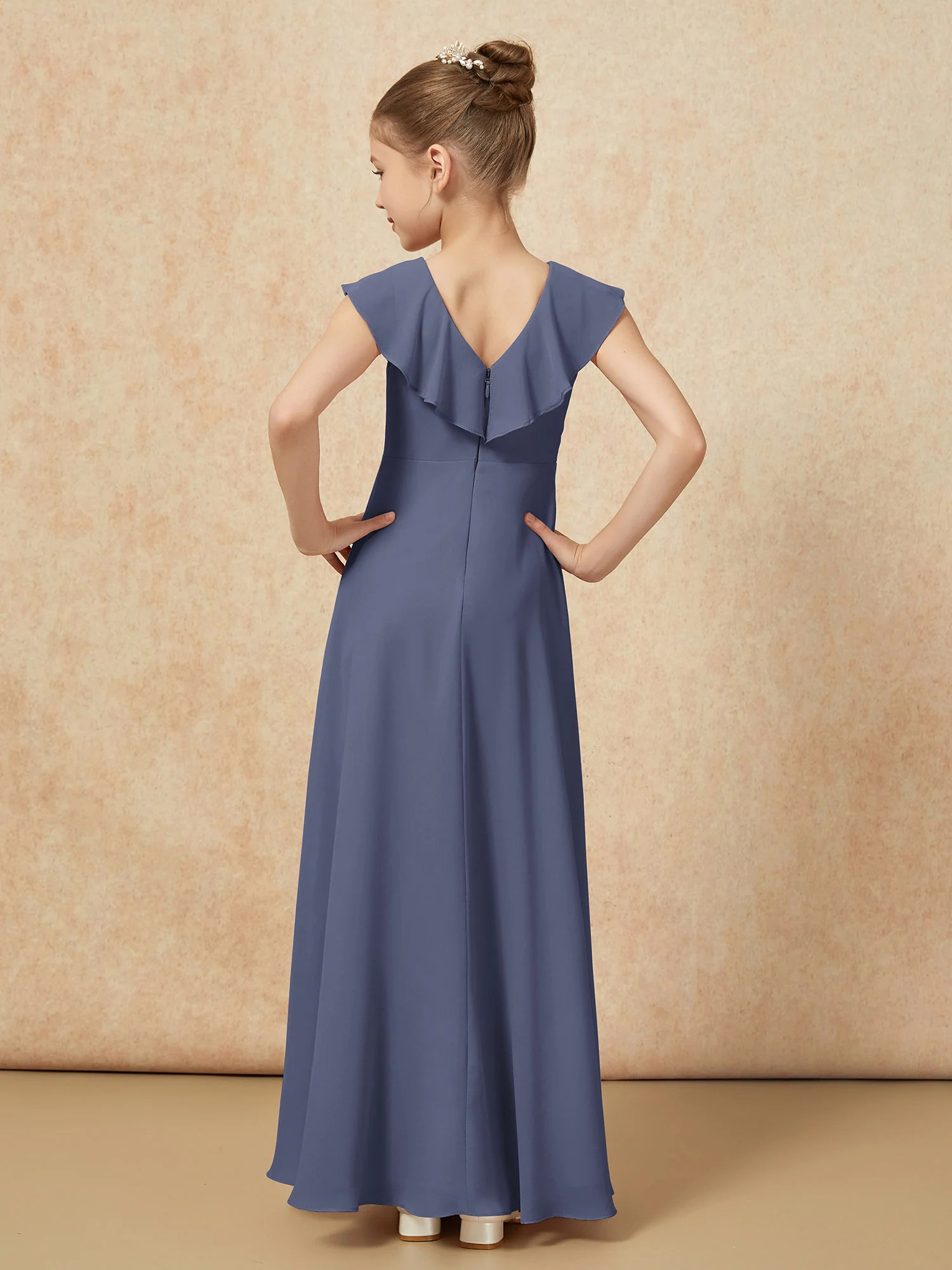 V-neck Ruffle Chiffon Junior Bridesmaid Dresses With Slit Stormy - Image 2