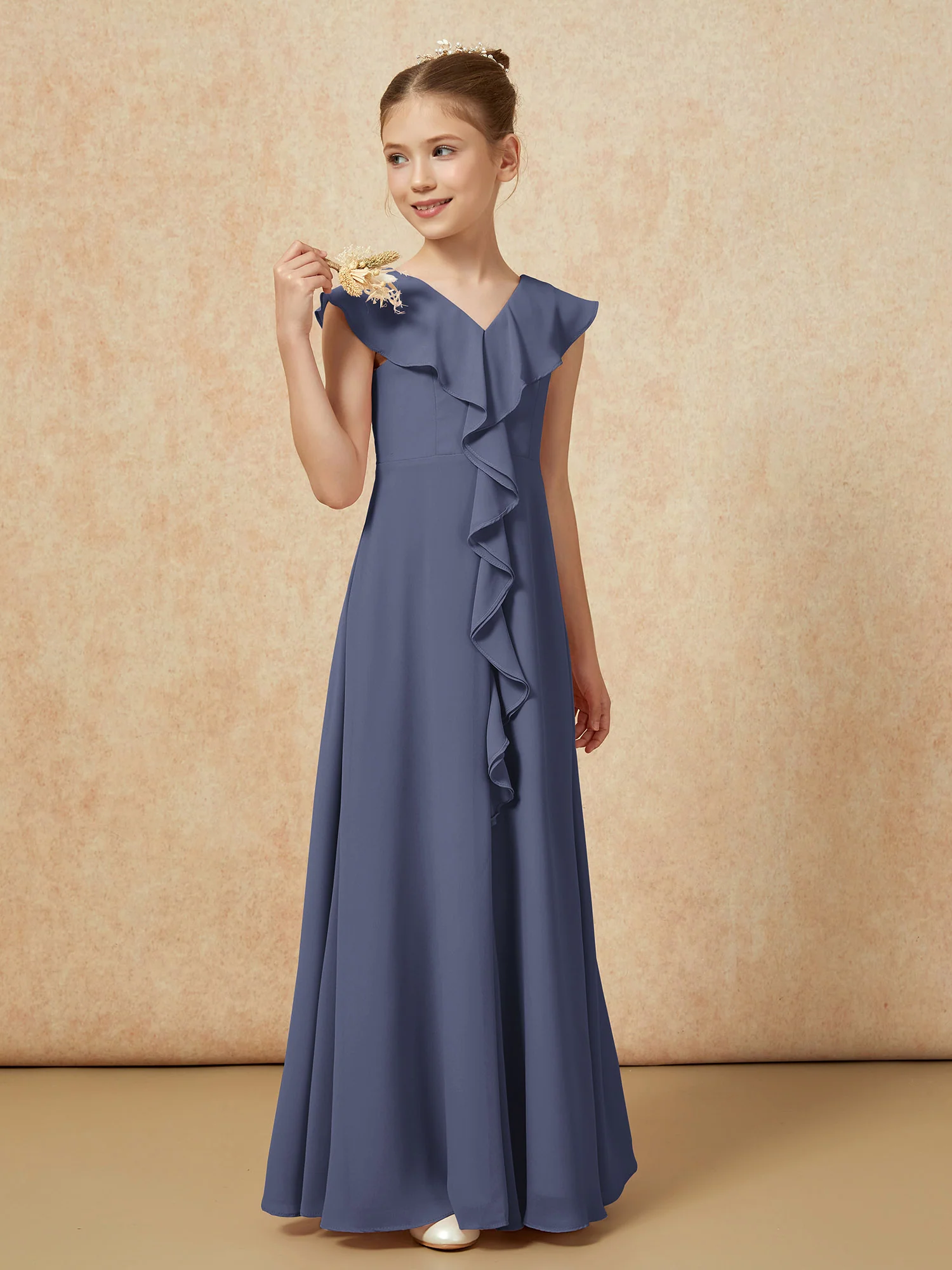 V-neck Ruffle Chiffon Junior Bridesmaid Dresses With Slit Stormy - Image 4