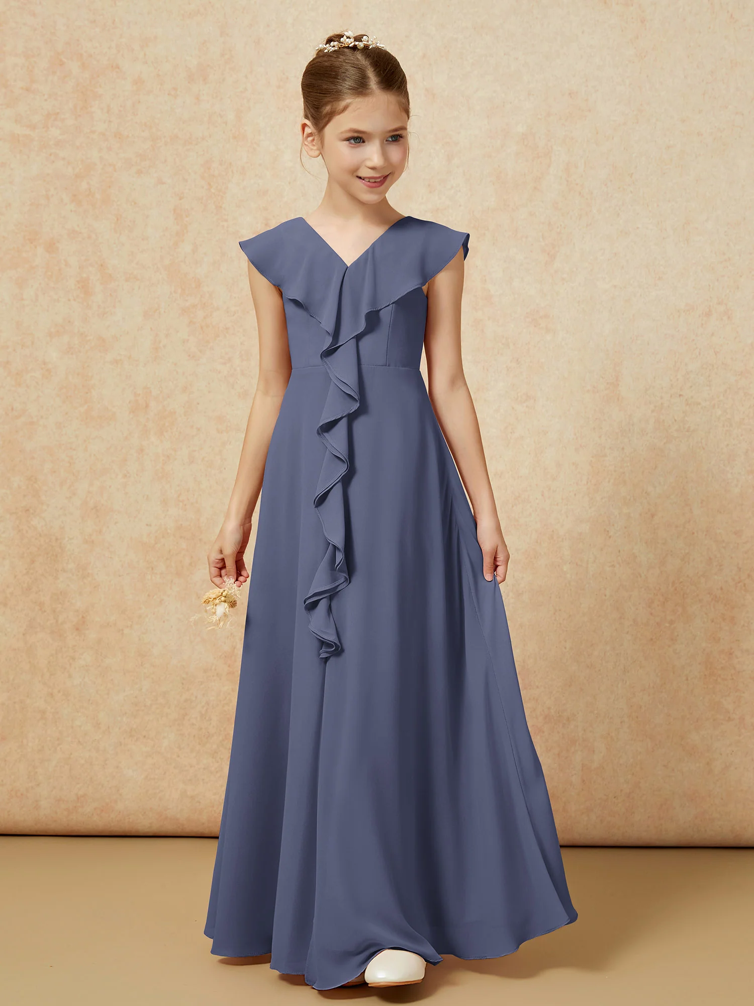 V-neck Ruffle Chiffon Junior Bridesmaid Dresses With Slit Stormy - Image 5