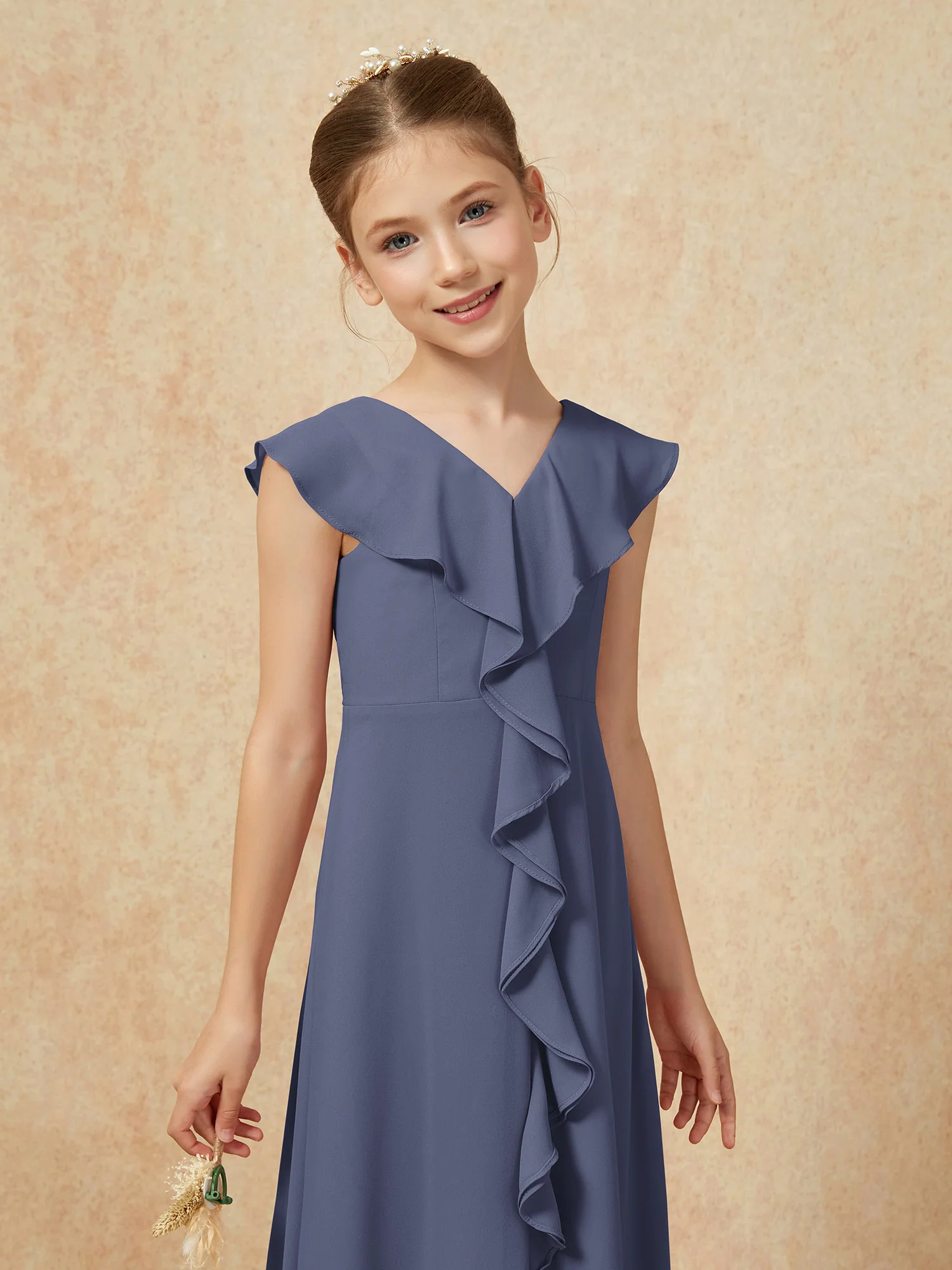V-neck Ruffle Chiffon Junior Bridesmaid Dresses With Slit Stormy - Image 6