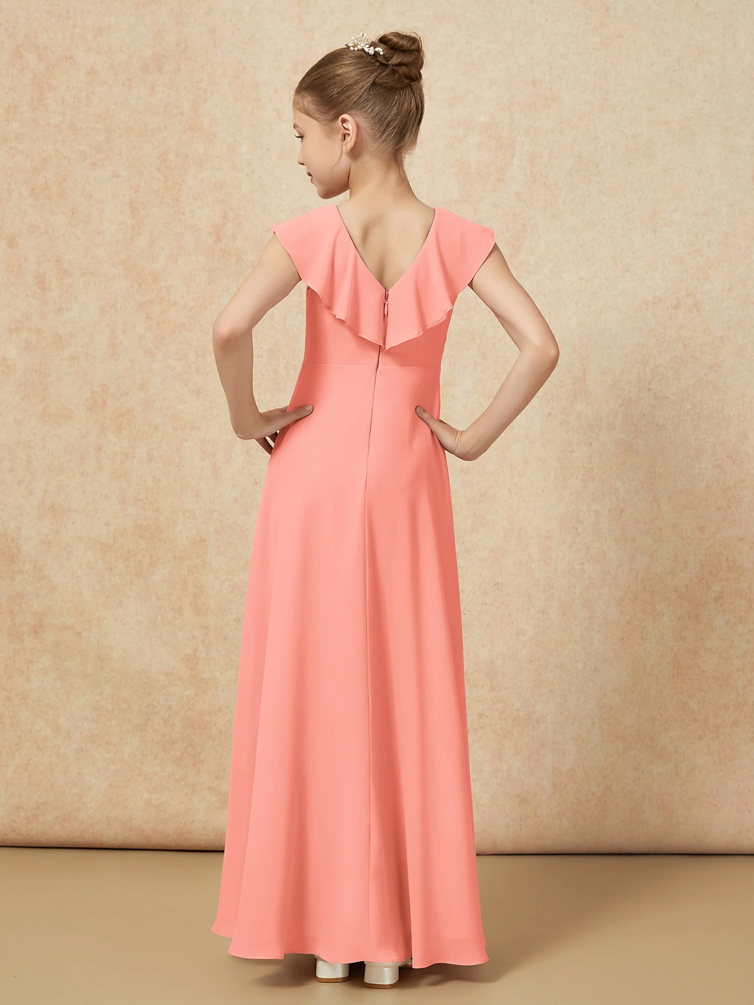 V-neck Ruffle Chiffon Junior Bridesmaid Dresses With Slit Sunset - Image 2