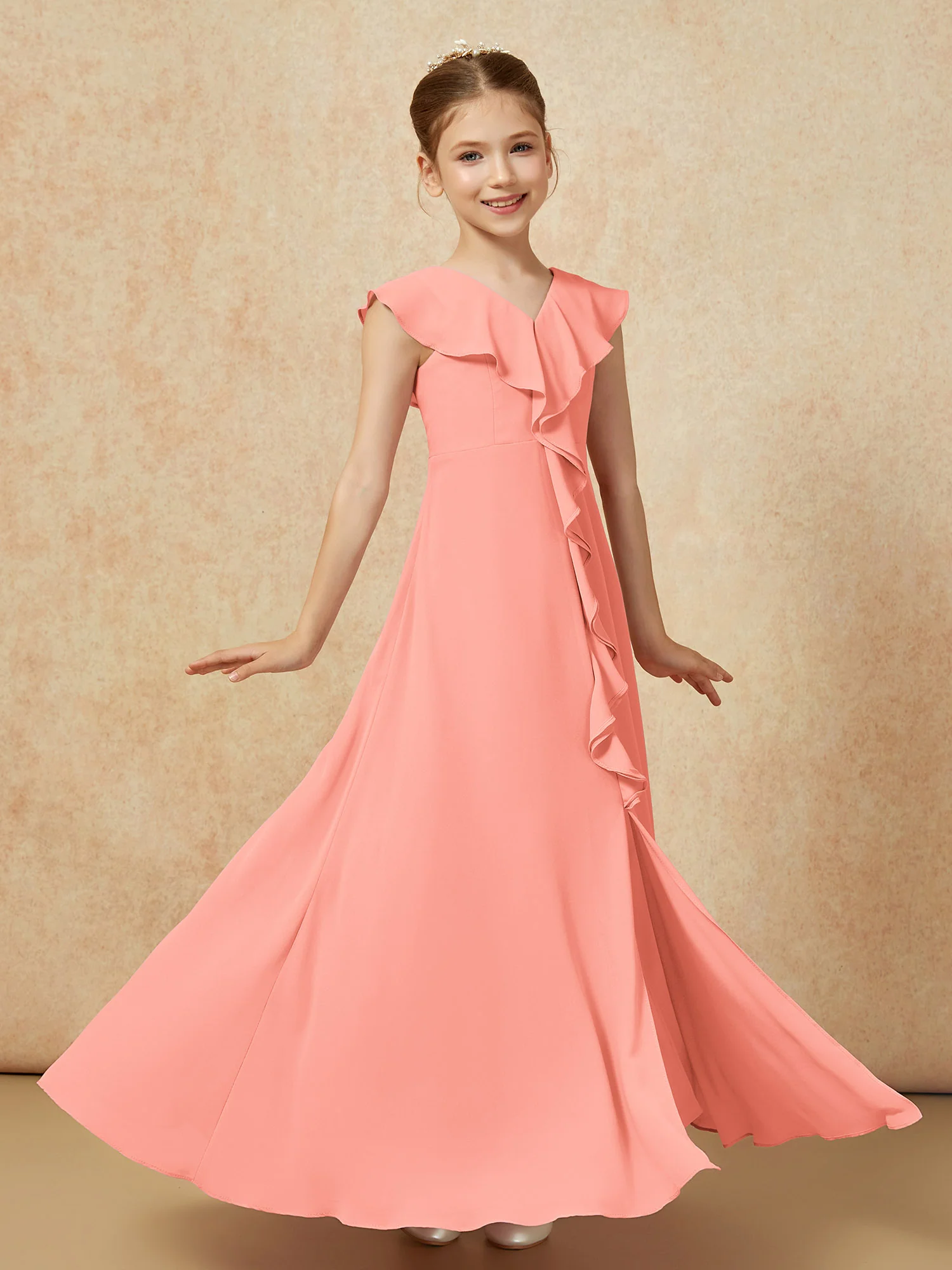 V-neck Ruffle Chiffon Junior Bridesmaid Dresses With Slit Sunset - Image 3