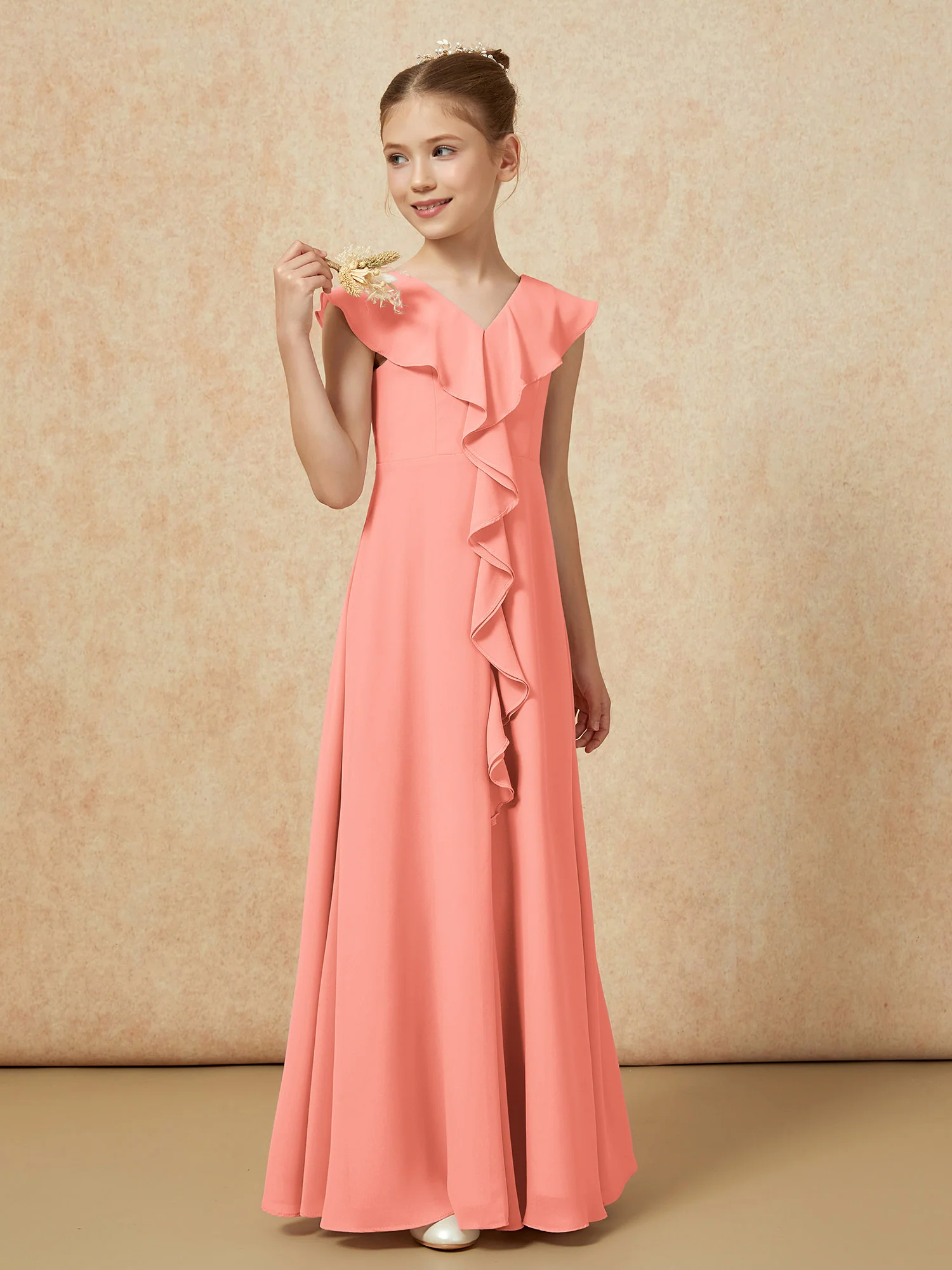 V-neck Ruffle Chiffon Junior Bridesmaid Dresses With Slit Sunset - Image 4