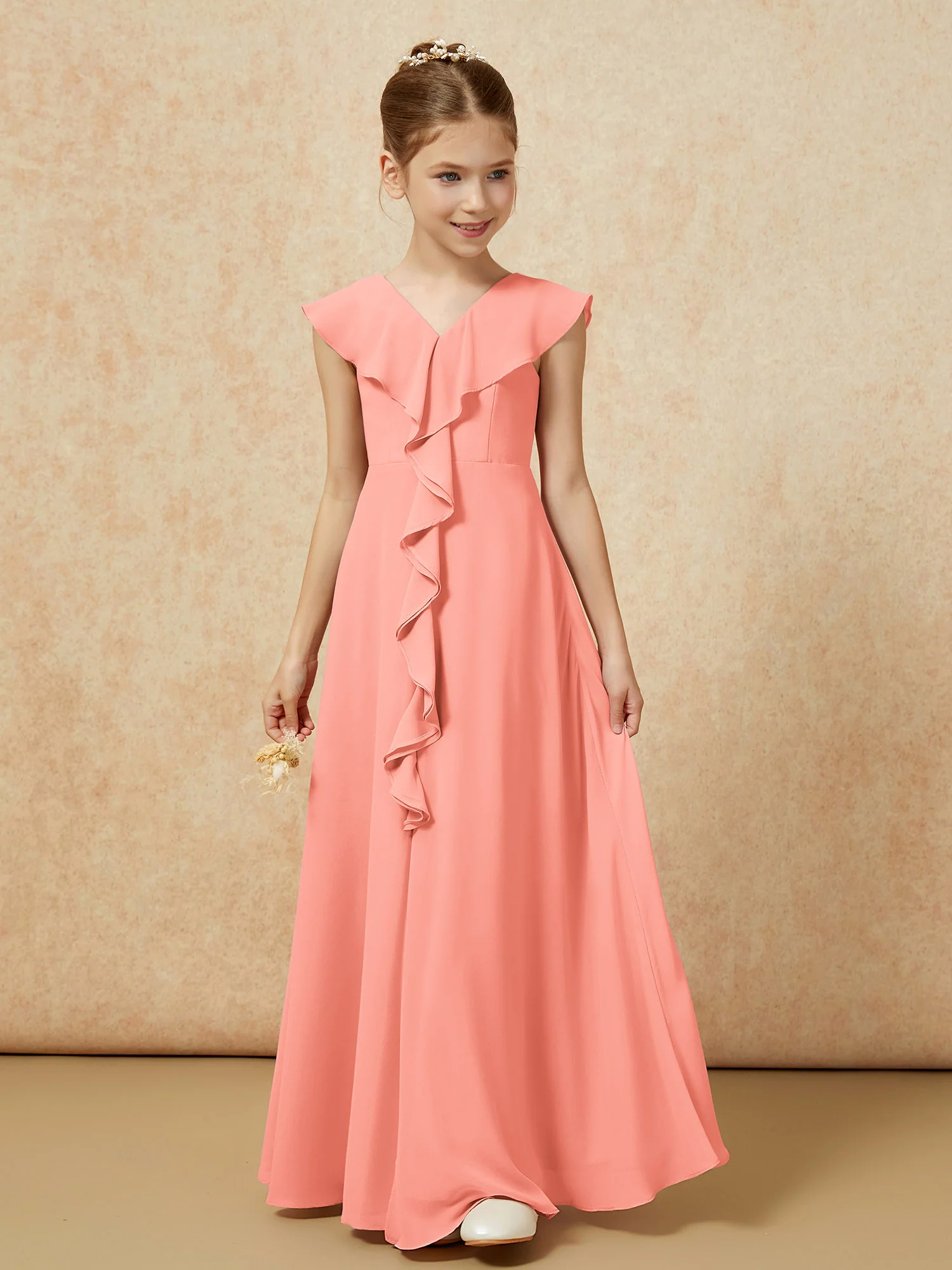V-neck Ruffle Chiffon Junior Bridesmaid Dresses With Slit Sunset - Image 5