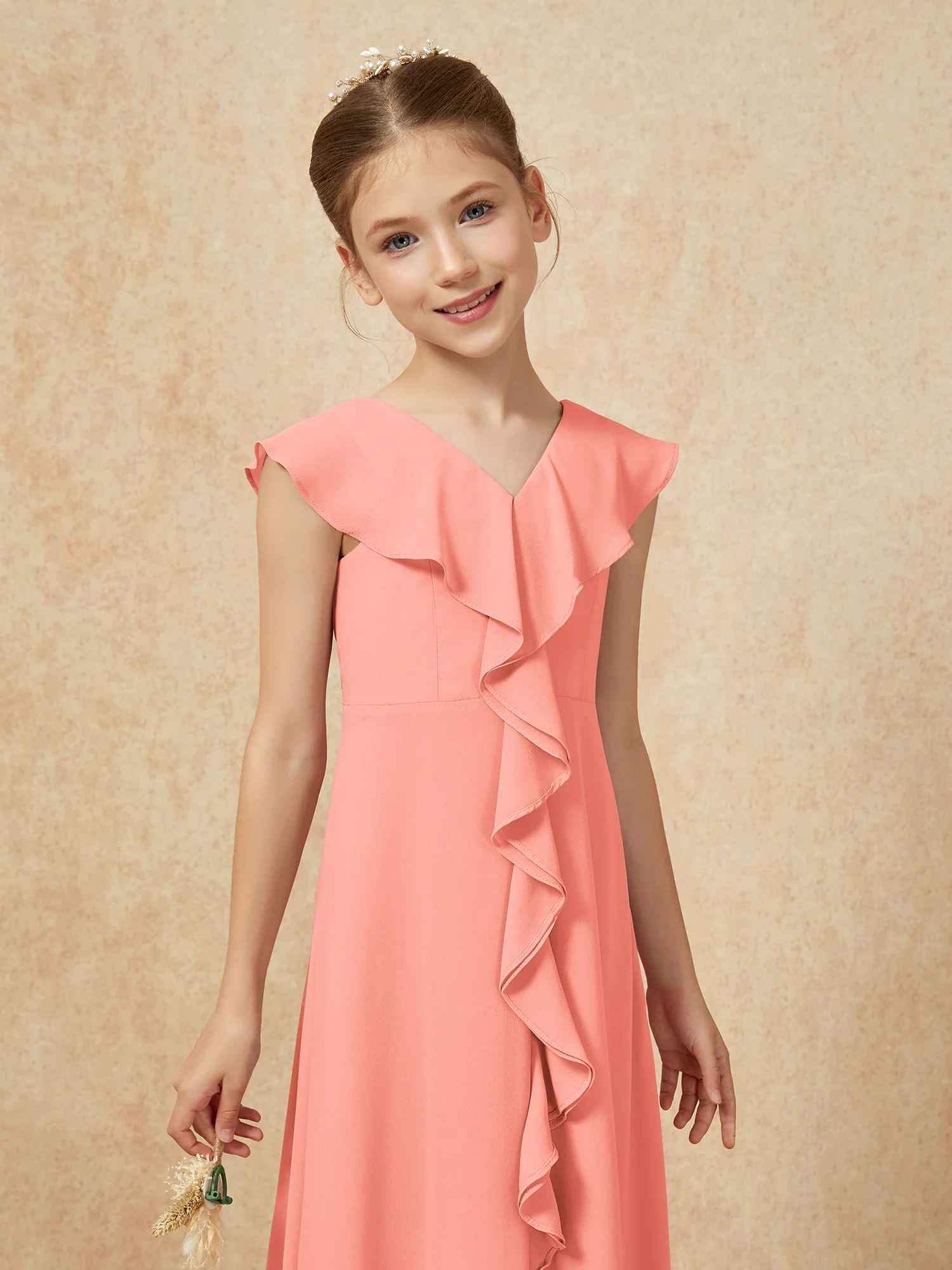 V-neck Ruffle Chiffon Junior Bridesmaid Dresses With Slit Sunset - Image 6