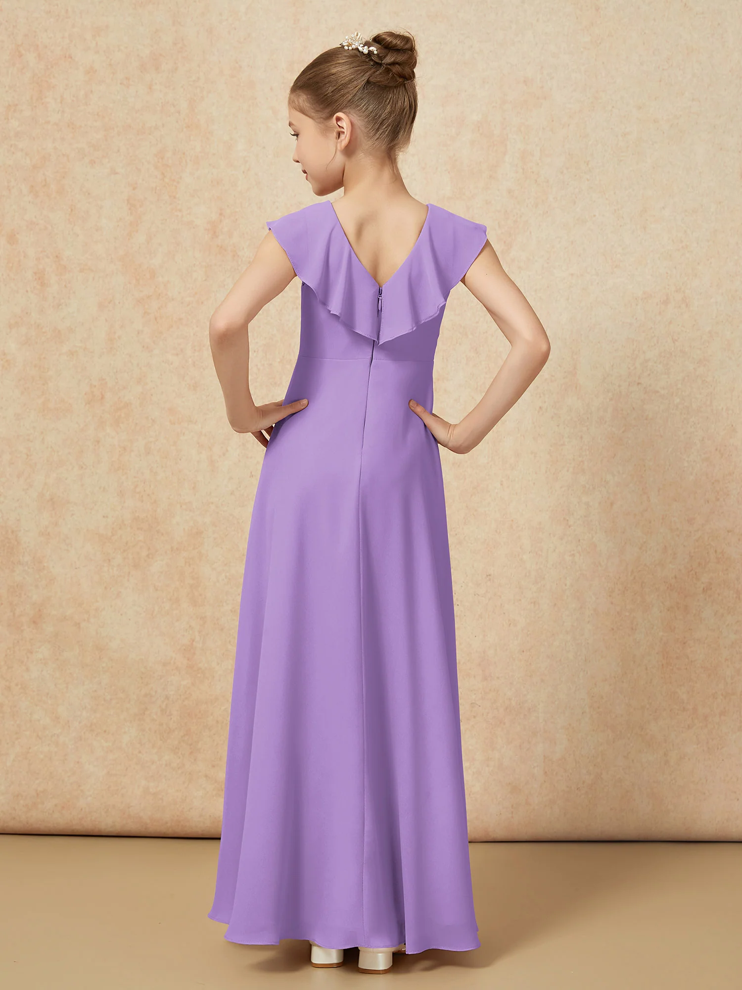 V-neck Ruffle Chiffon Junior Bridesmaid Dresses With Slit Tahiti - Image 2