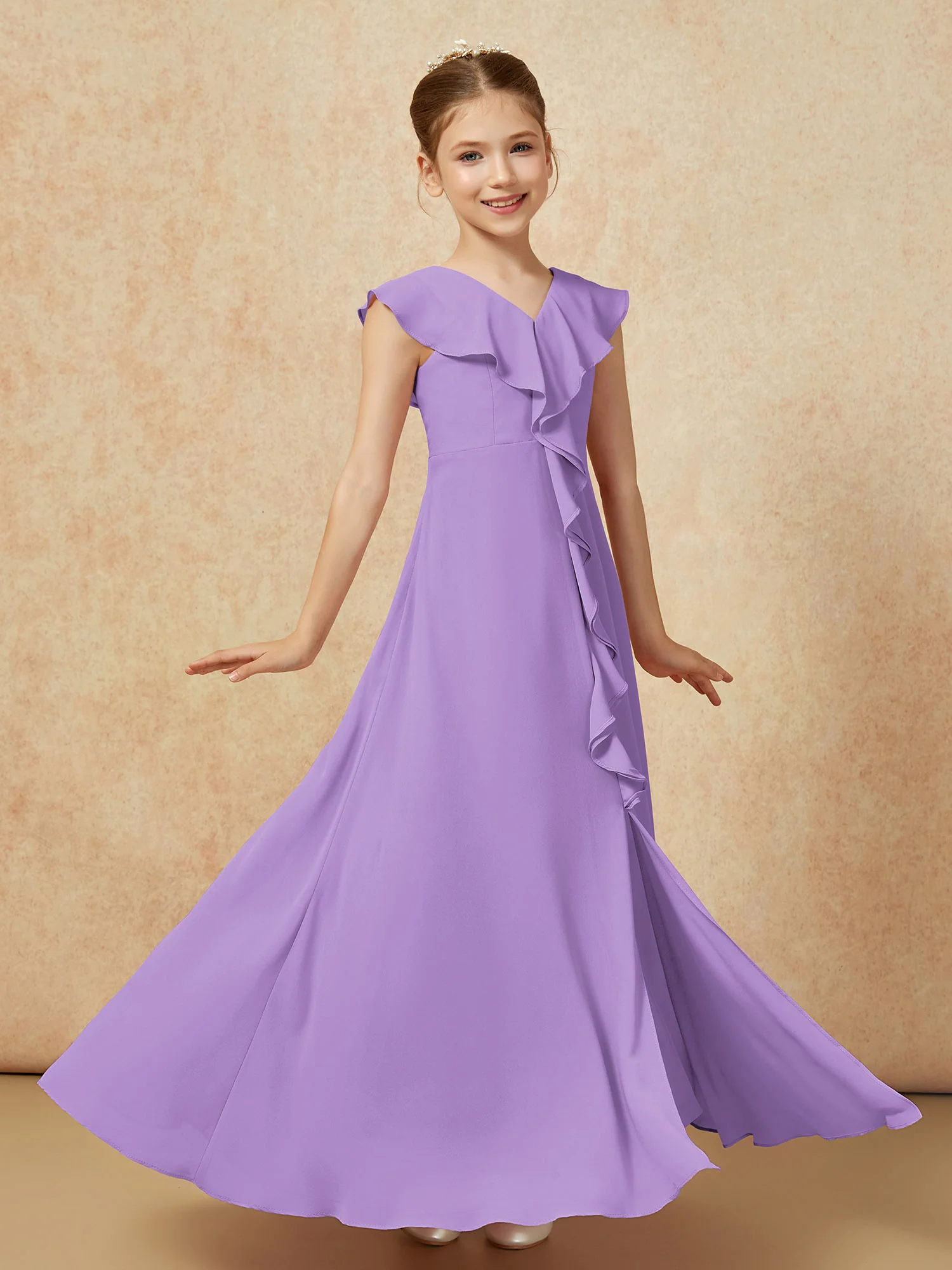V-neck Ruffle Chiffon Junior Bridesmaid Dresses With Slit Tahiti - Image 3