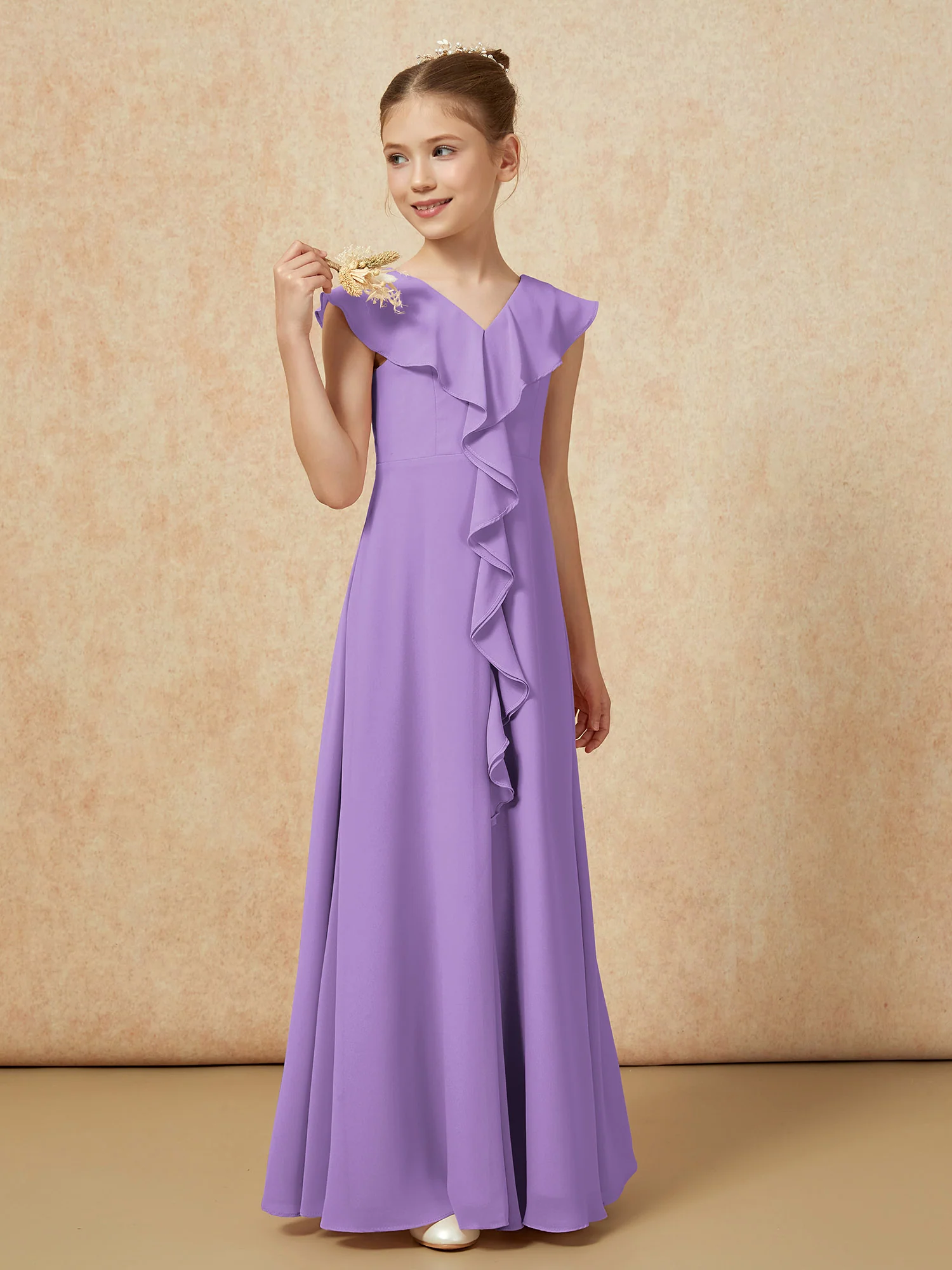 V-neck Ruffle Chiffon Junior Bridesmaid Dresses With Slit Tahiti - Image 4