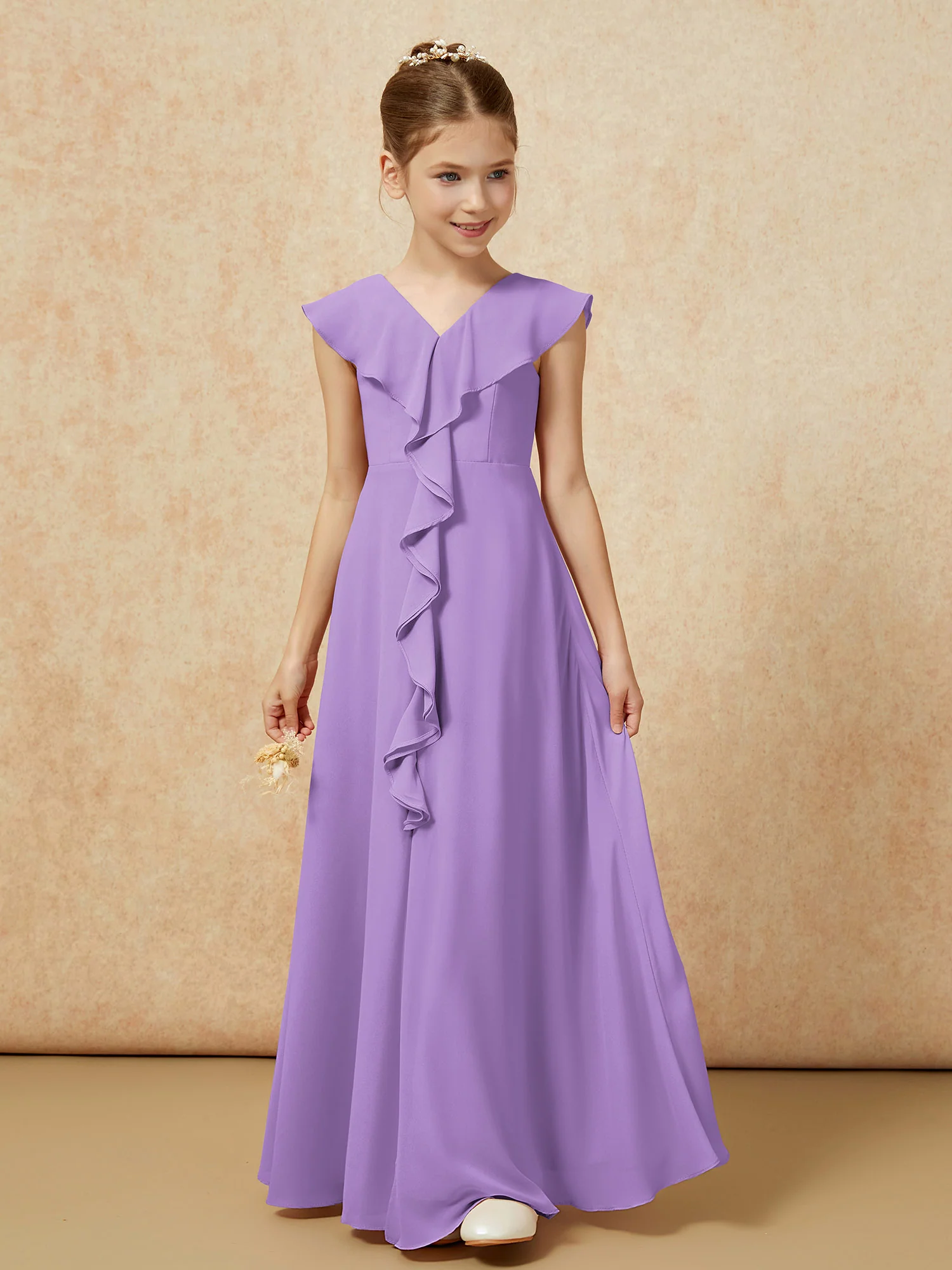 V-neck Ruffle Chiffon Junior Bridesmaid Dresses With Slit Tahiti - Image 5