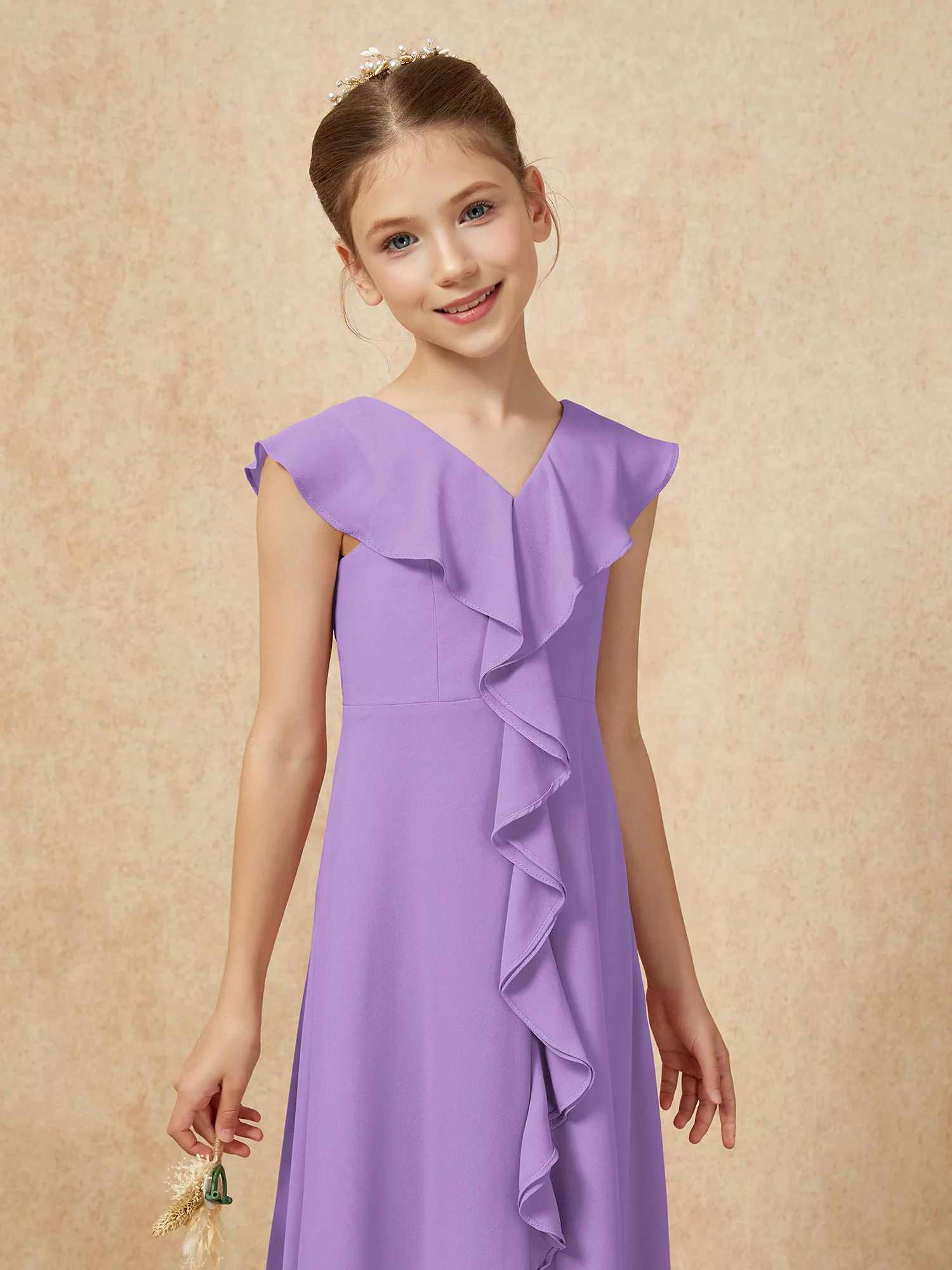V-neck Ruffle Chiffon Junior Bridesmaid Dresses With Slit Tahiti - Image 6