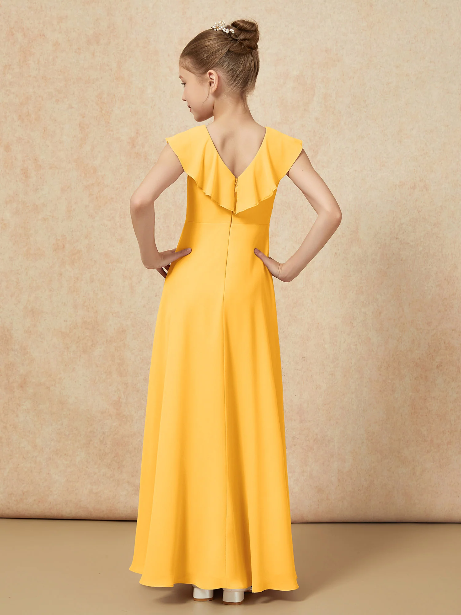 V-neck Ruffle Chiffon Junior Bridesmaid Dresses With Slit Tangerine - Image 2